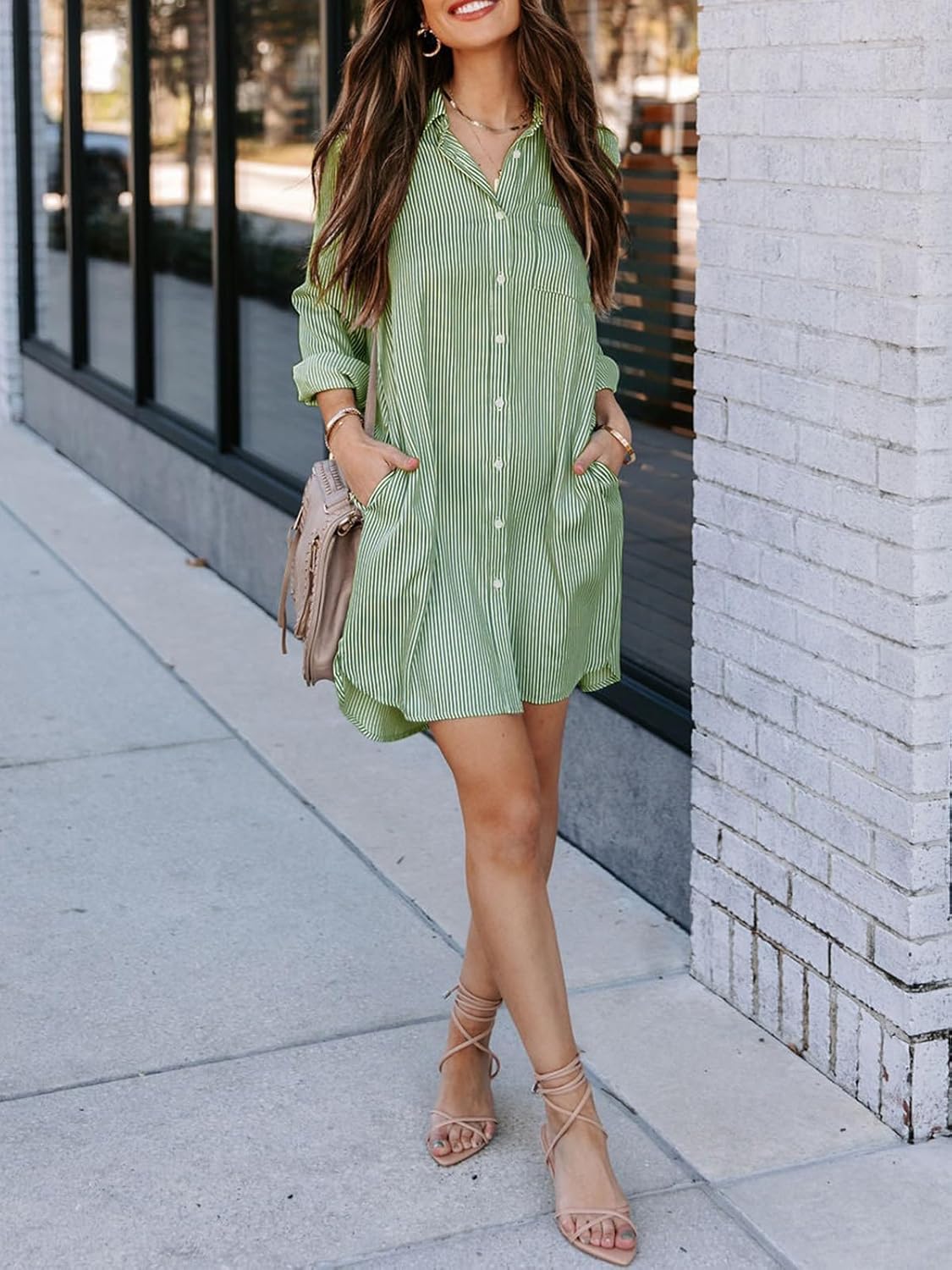 Womens Button Down Shirt Dresses with Pockets Striped Cotton Shirts Collared Long Sleeve High Low Blouse Tops - Image 4