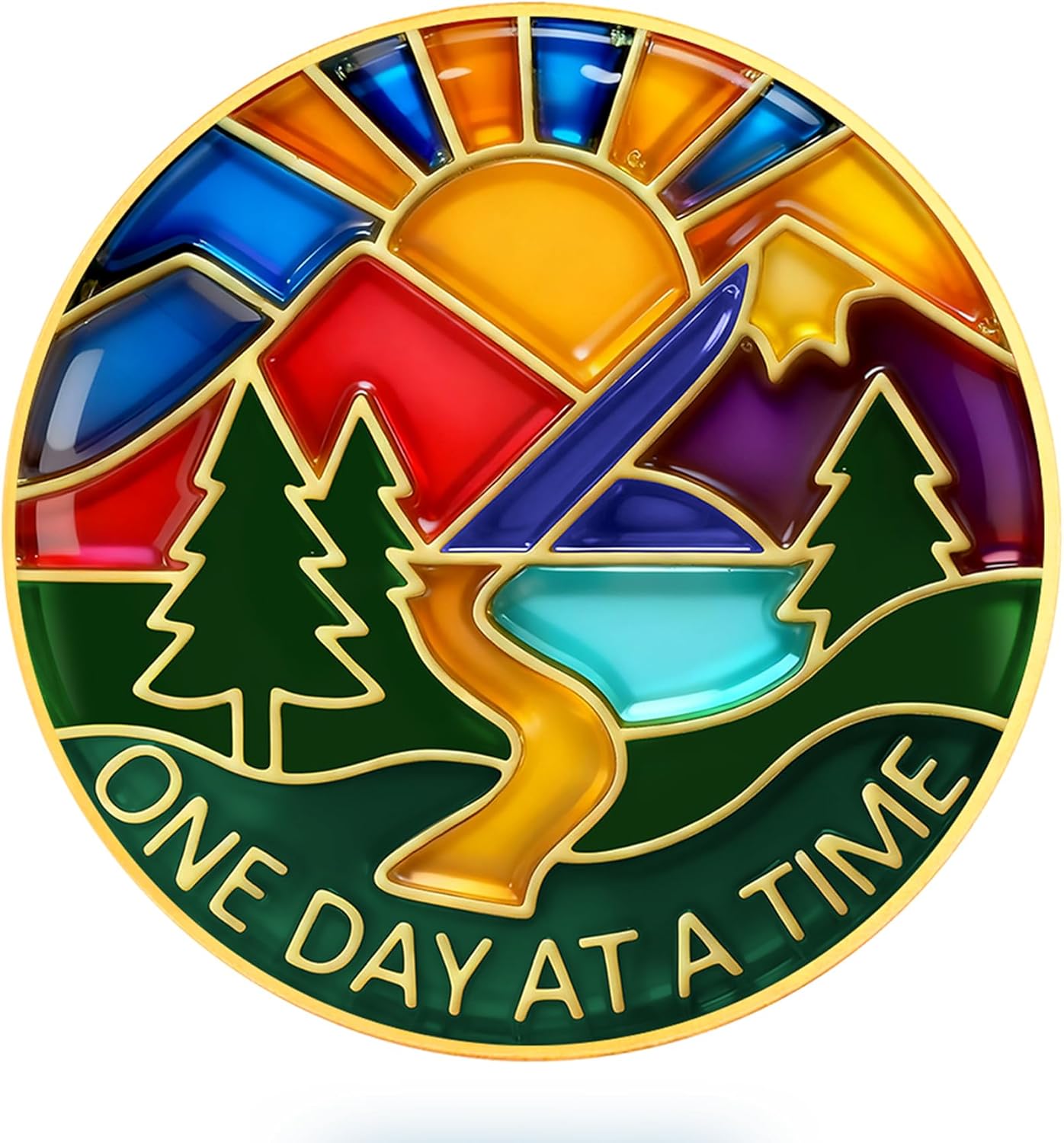 One Day at a Time Sobriety Coin – Stained Glass Path of Hope AA Chip Medallion, Inspirational 12 Step Recovery Token with Road to Serenity, Milestone Sobriety Gift for Men and Women