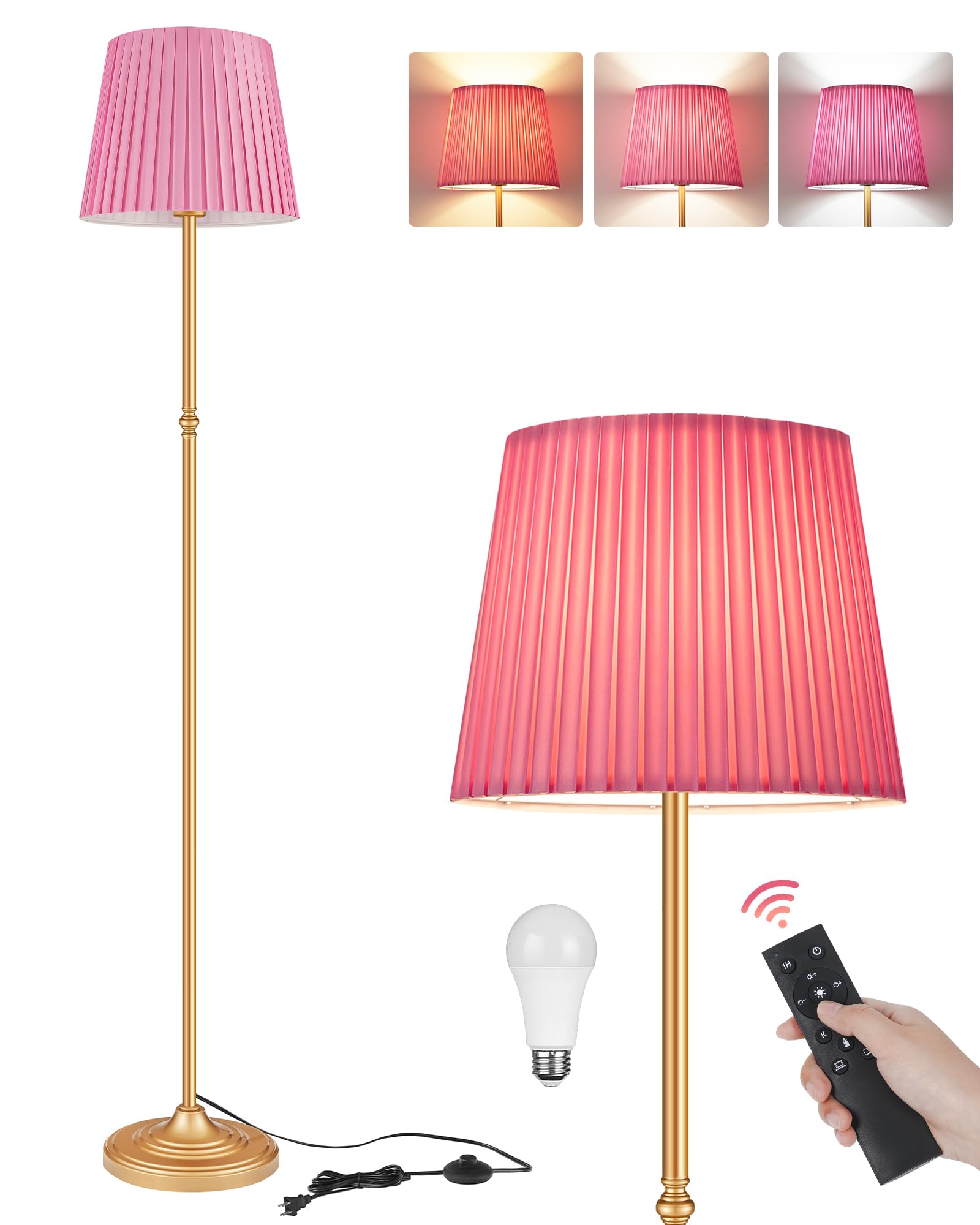 GOEBLESON Pink Floor Lamp for Living Room, 68" Standing Lamp, Dimmable Reading Light with Remote & Foot Pedal, with LED Bulb, for Living Room, Bedroom