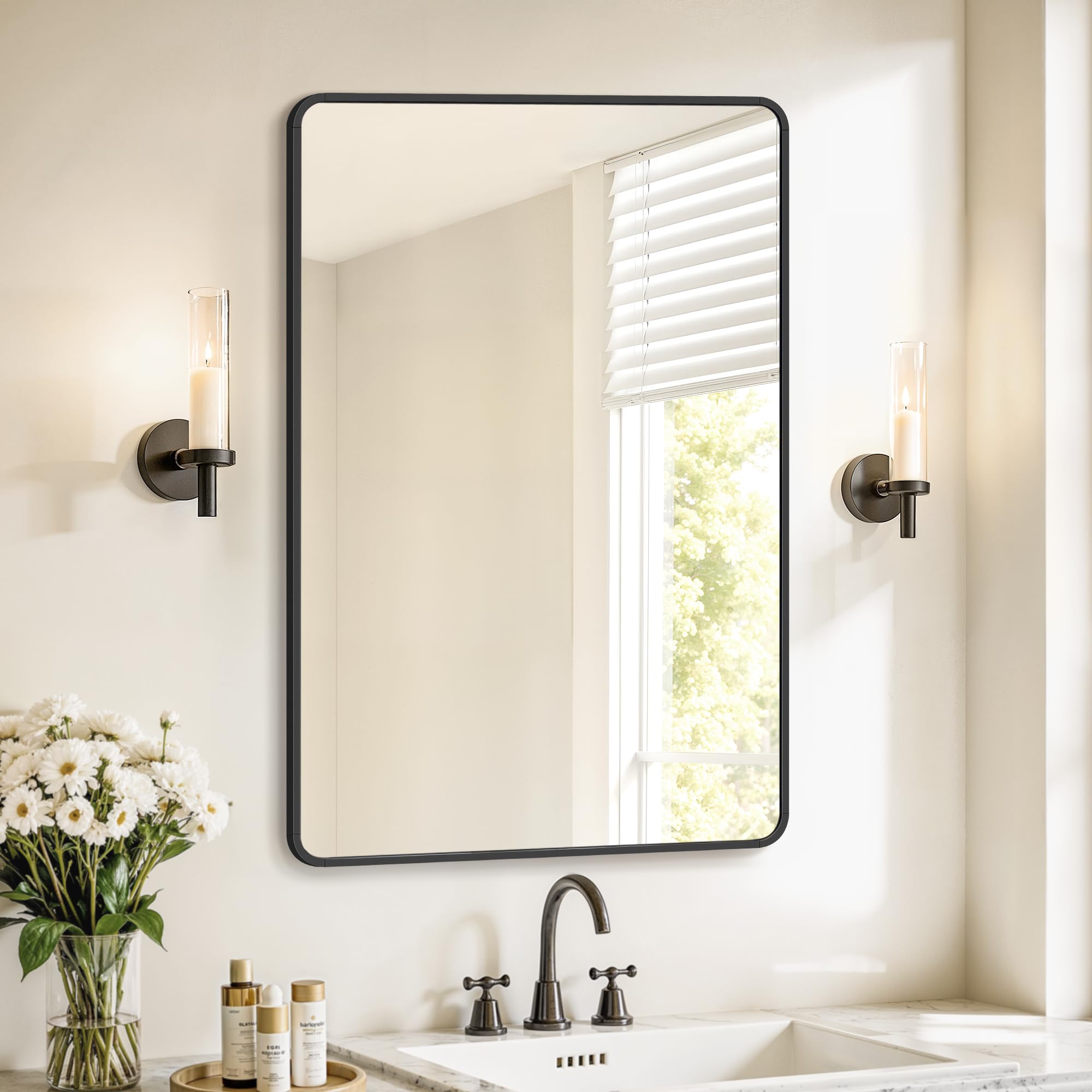 SONGMICS Bathroom Mirror, Wall Mounted Vanity Mirror, Rectangular, Aluminium Frame, 91 x 61 cm, with Safety Film, 2 Mounting Options, for Living Room, Bedroom, Bathroom, Ink Black LWM010BD01 — image 1