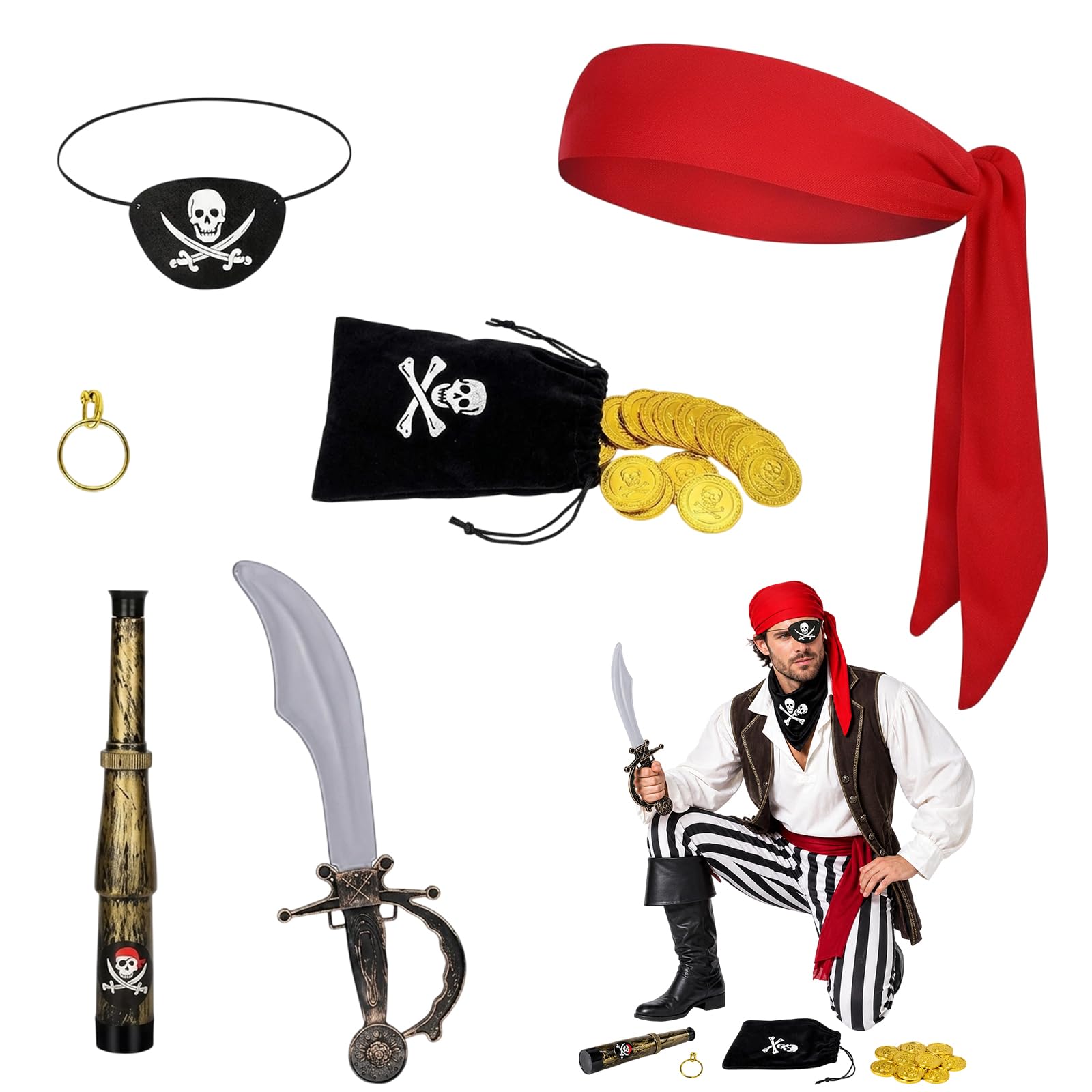 Kuwuarg Pirate Accessories Set, 6-Piece Pirate Costume Kit With Bandana