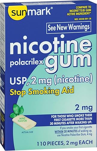 Sunmark Polacrilex - Goma de mascar de nicotina, ayuda para dejar de fumar, sabor a menta, 2 mg, 110 unidades