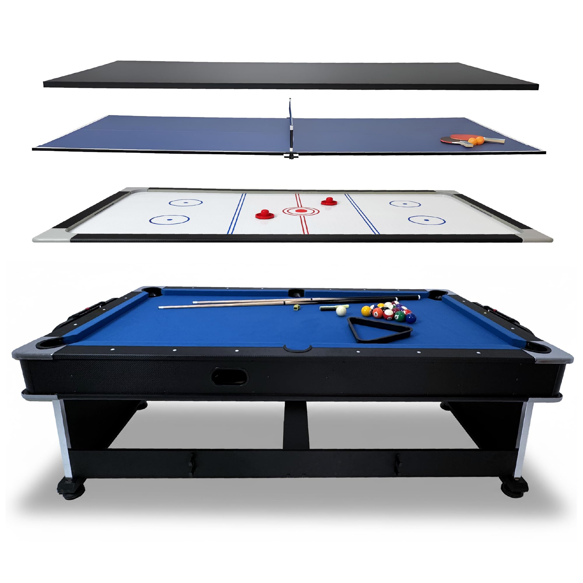 Table de Jeu multifonctionnelle Robuste 7ft THUNDER Crush 4en1 – Billard, Air-Hockey, Tennis de Table & Table de Salle à Manger avec Ensemble Complet d'accessoires