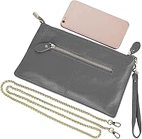 Vista 7 de YALUXE Clutch Wristlet - Cartera de piel auténtica con bloqueo RFID y cadena de hombro