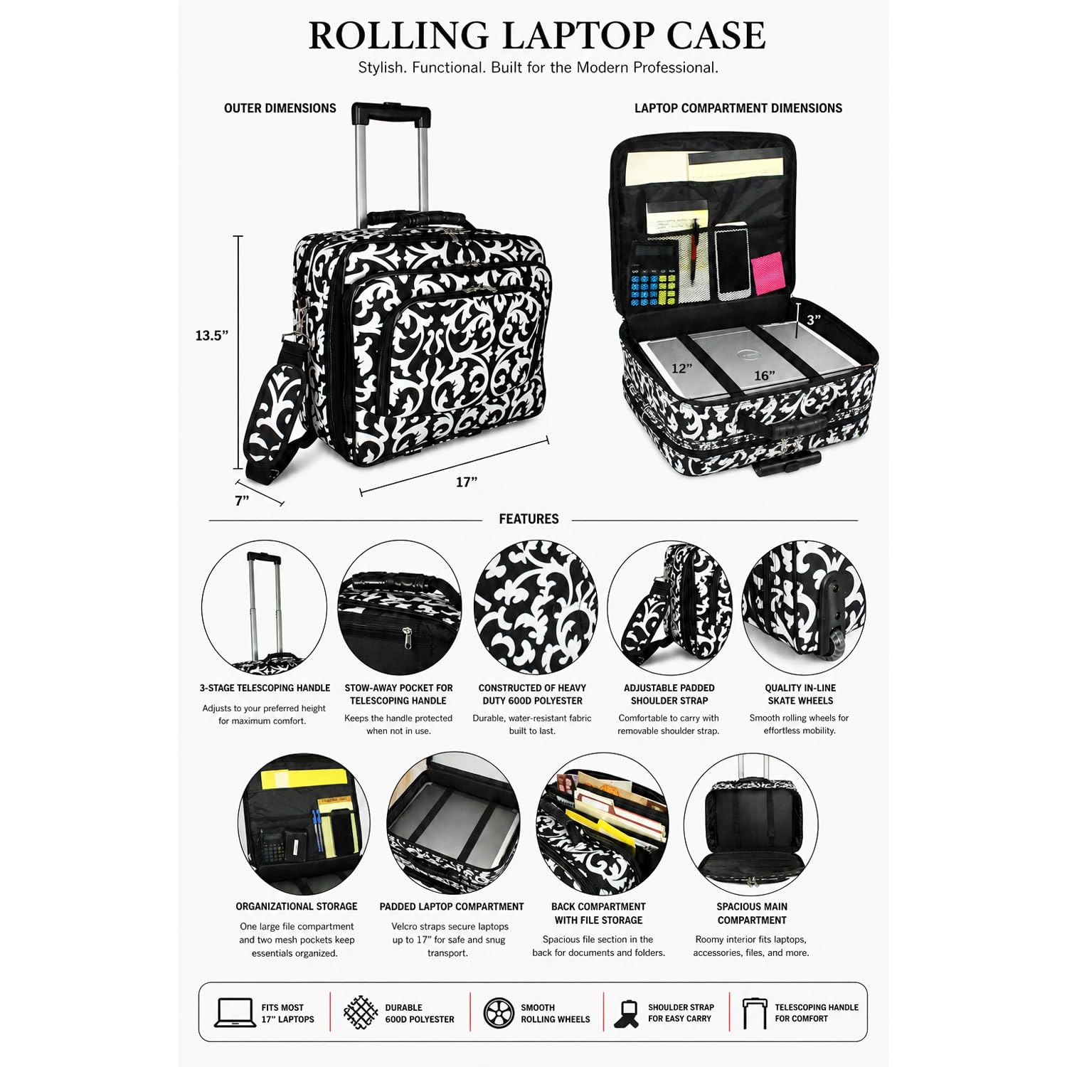 World Traveler Maletín con Ruedas para Laptop de 17 Pulgadas