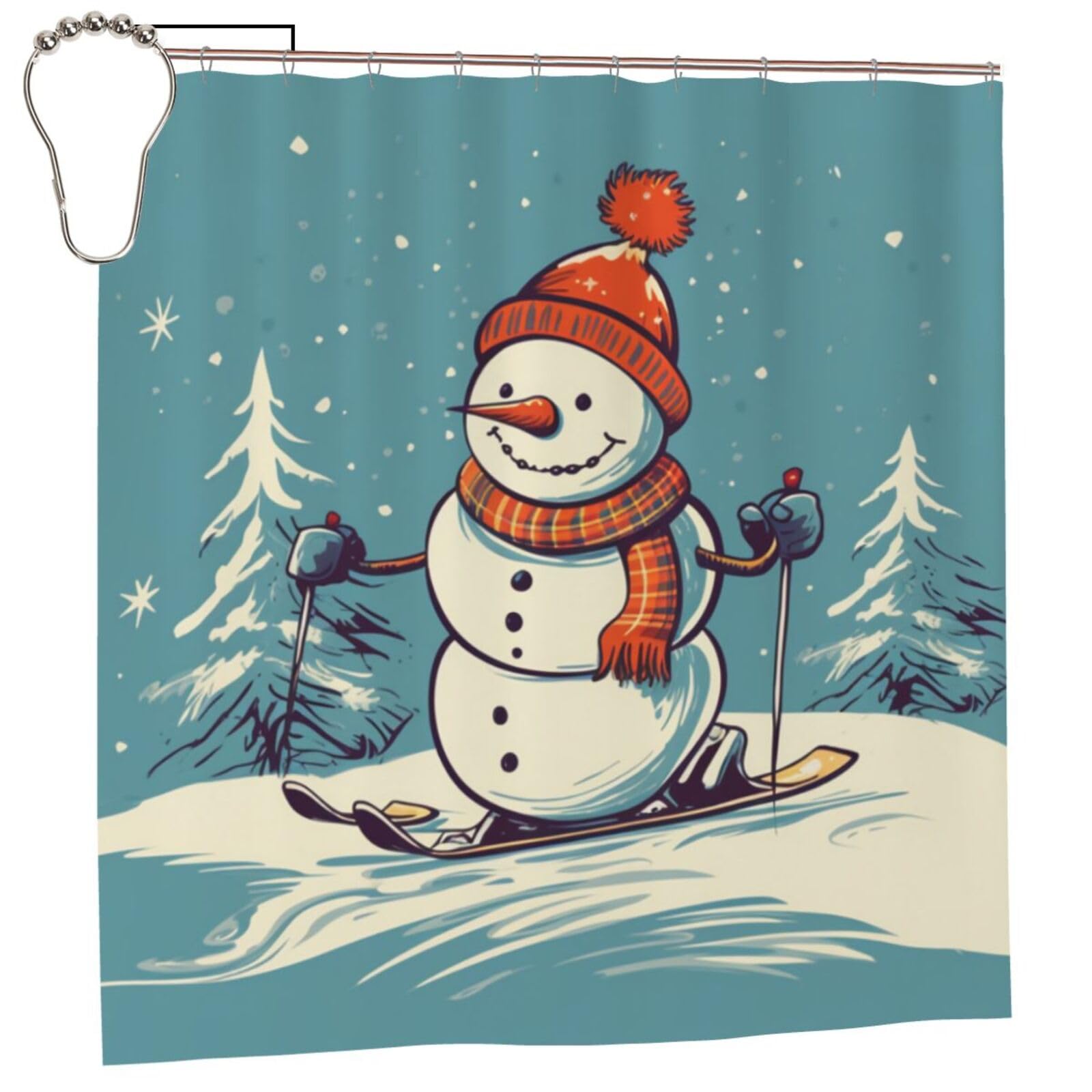 BWWHCCTI Skiing Snowman Printed Shower Curtain With 12 Iron Hooks Opaque Quick Drying Waterproof Shower Curtains Sets For Bathroom 183x183 CM