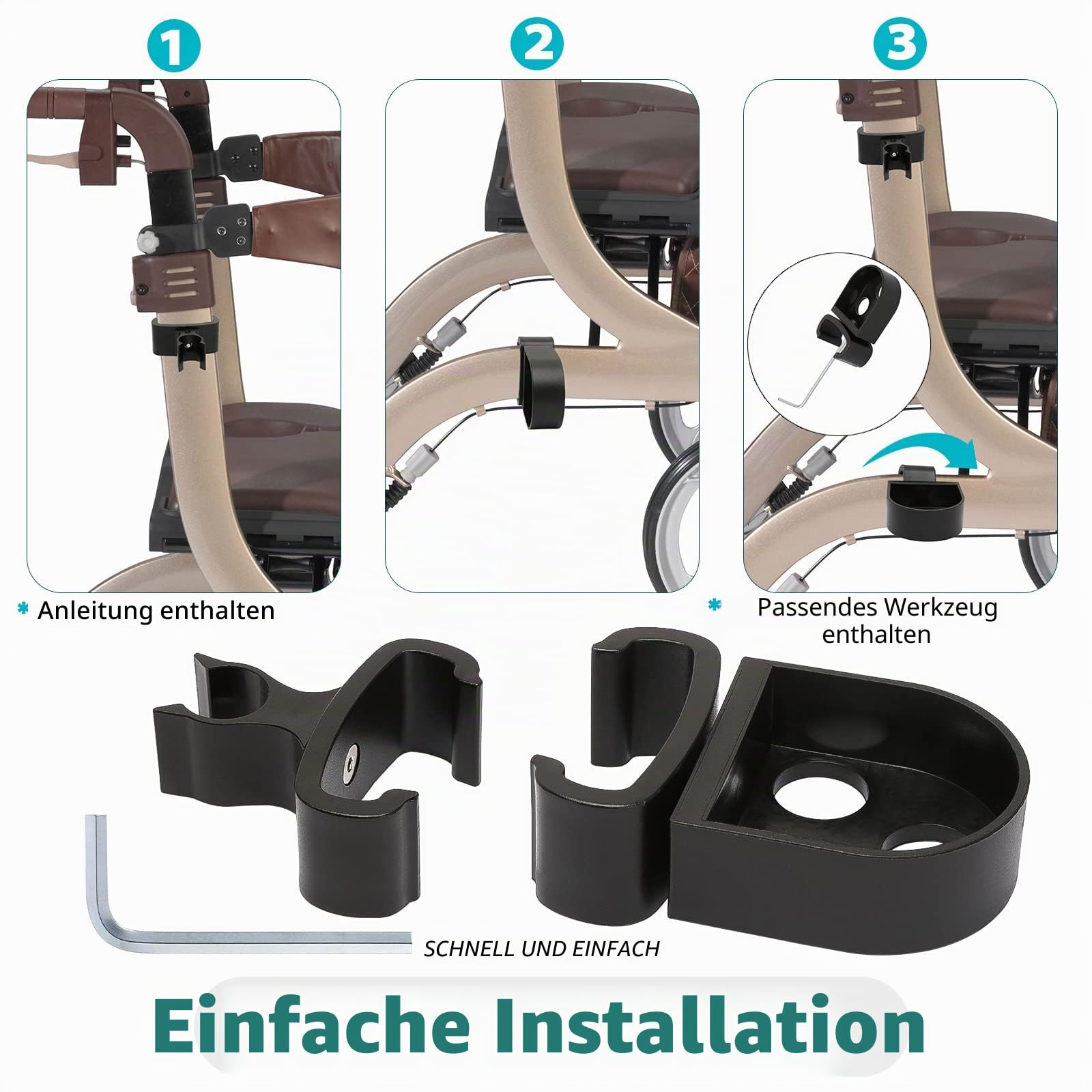 Stockhalter für Nitro-Rollatoren mit flachem Rahmen, Drive Walker Cane Holder, Verstellbare Krückenhalterung für Rollstühle, Rollatoren, Knieroller, Assistent Halterung für Stock oder Stick Benutzer,