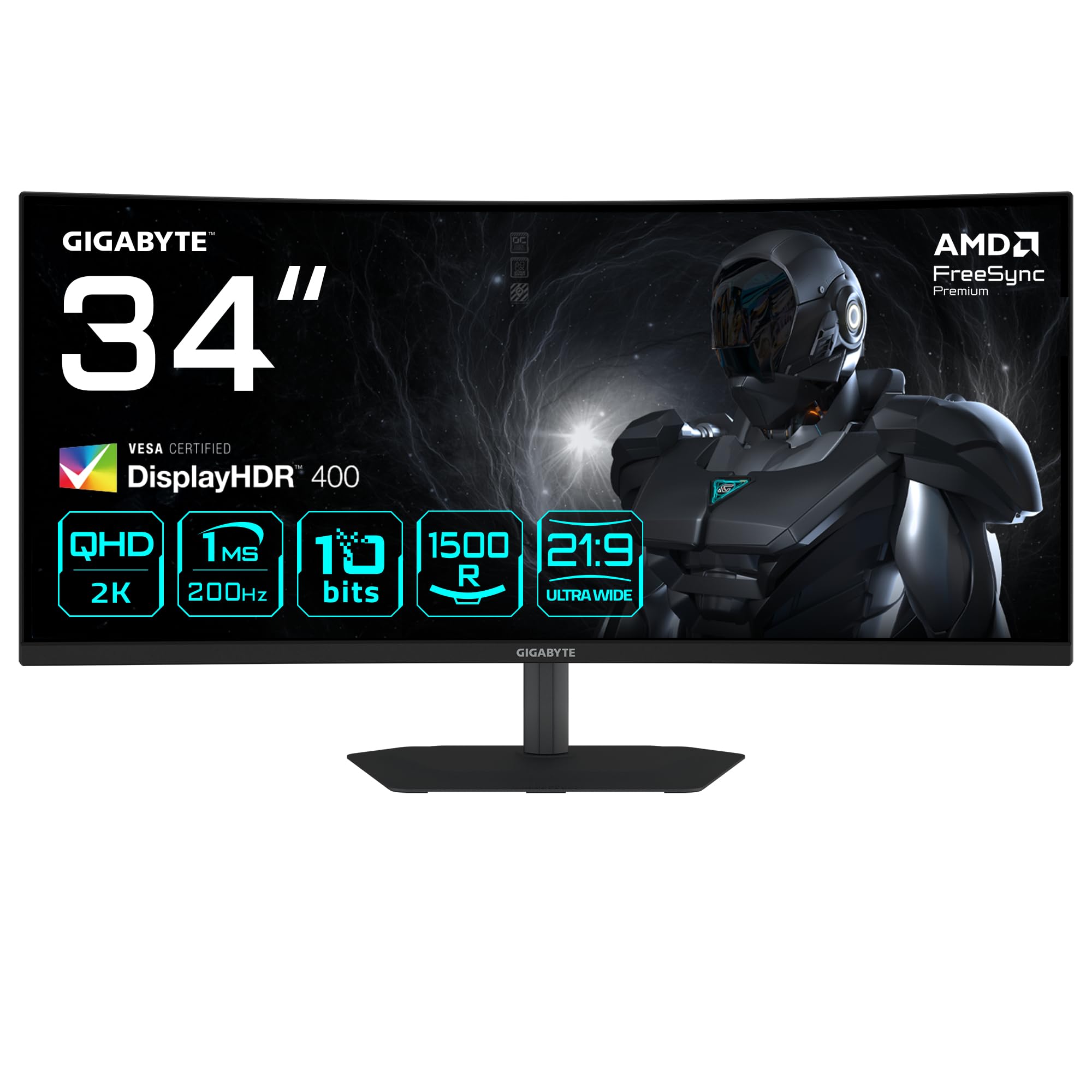 Gigabyte G34WQC2 34” WQHD Curved Gaming-Monitor - 3440 x 1440, 1500R, 200Hz, 1ms, 450 cd/m², AMD FreeSync Premium, DisplayHDR 400, HDMI 2.0, Displayport 1.4