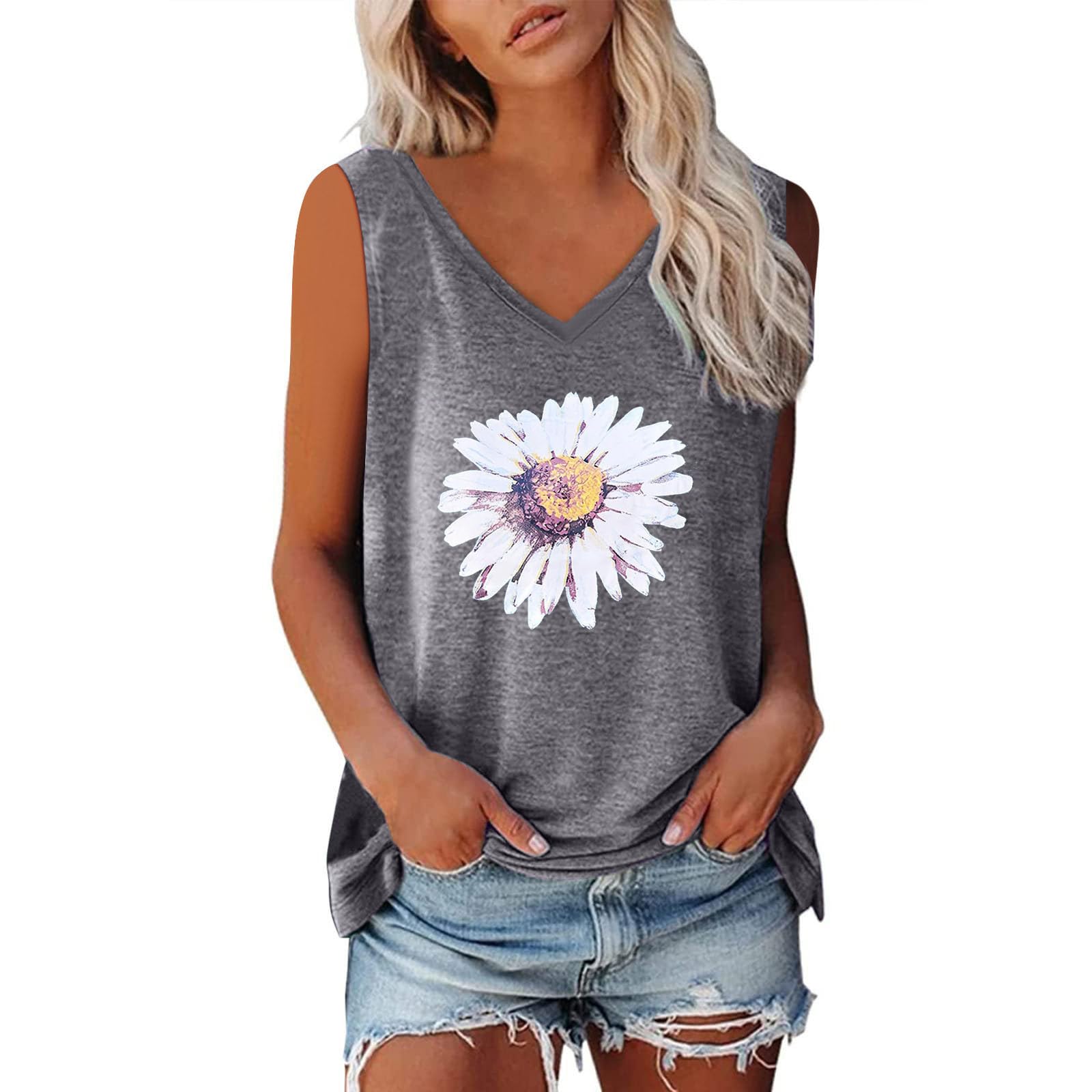 Women's Sleeveless Summer Tops Casual Trendy Sunflower Graphic T Shirts V Neck Basic Tunic Blouses Ladies Outfits