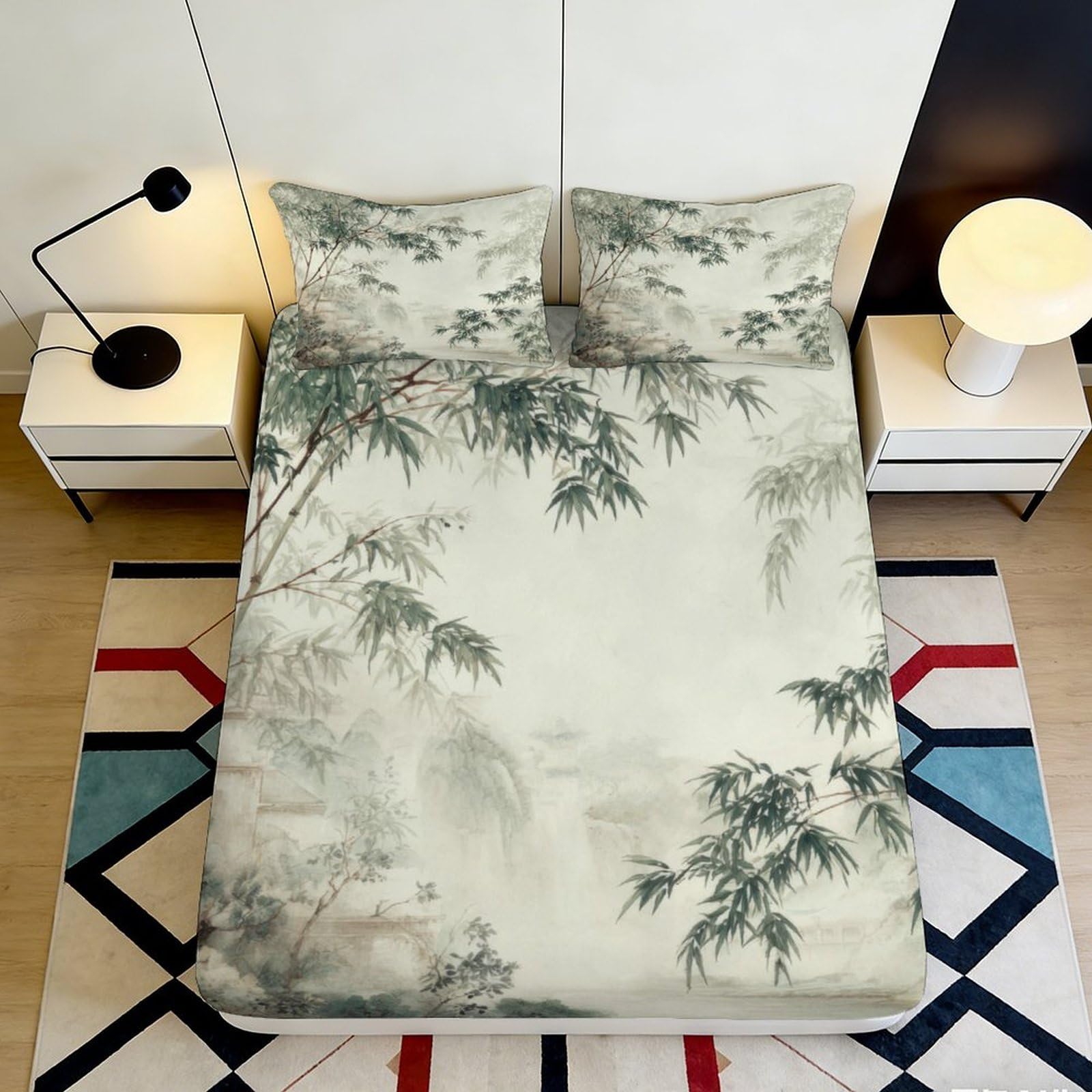 3D Printed Ink Bamboo Fitted Sheet Microfiber Soft Washable Misty Forest Mattress Cover for Bedroom Decor 90x200x25cm