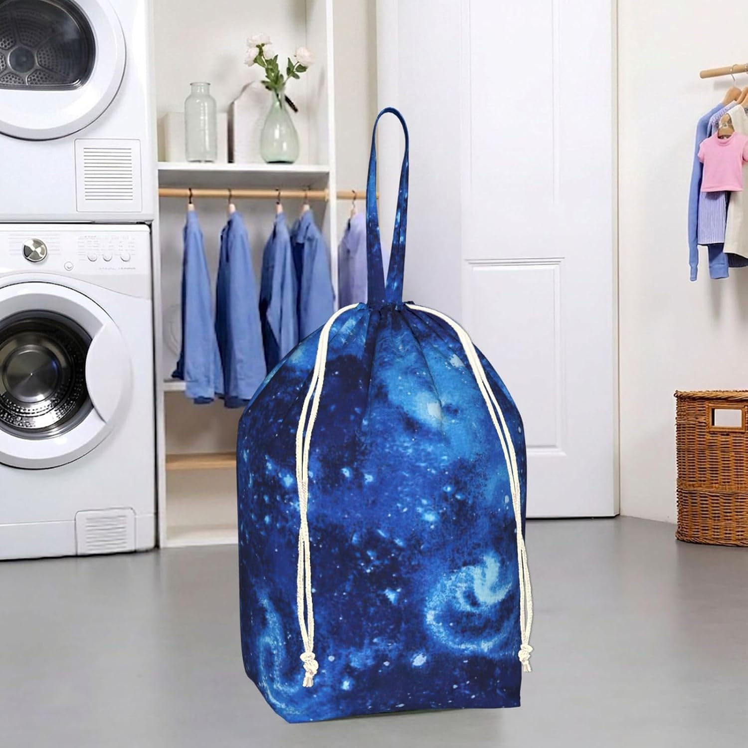 Oxford Blue Universe Space Galaxy Print Large-capacity drawstring laundry bag with Handles for Dorm,Hotel