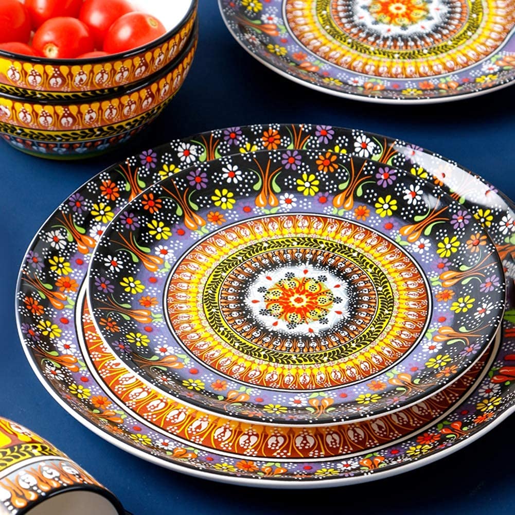 Porcelanowy zestaw zastawy stołowej – zestaw naczyń stołowych w stylu boho, 10 talerzy, 2 miski, 4 kubki, 4 kubki, egzotyczna ceramika dla 4 osób, idealny prezent na wesela