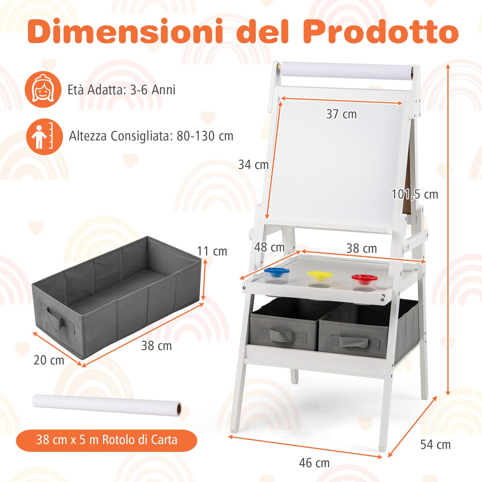 RELAX4LIFE Cavalletto per Bambini, Cavalletto a Doppia Faccia con Rullo di Carta, Vassoi di Stoccaggio, 4 Tazze per Pittura e 2 Cassetti, Cavalletto Disegno in Legno per Bambini 3-10 Anni