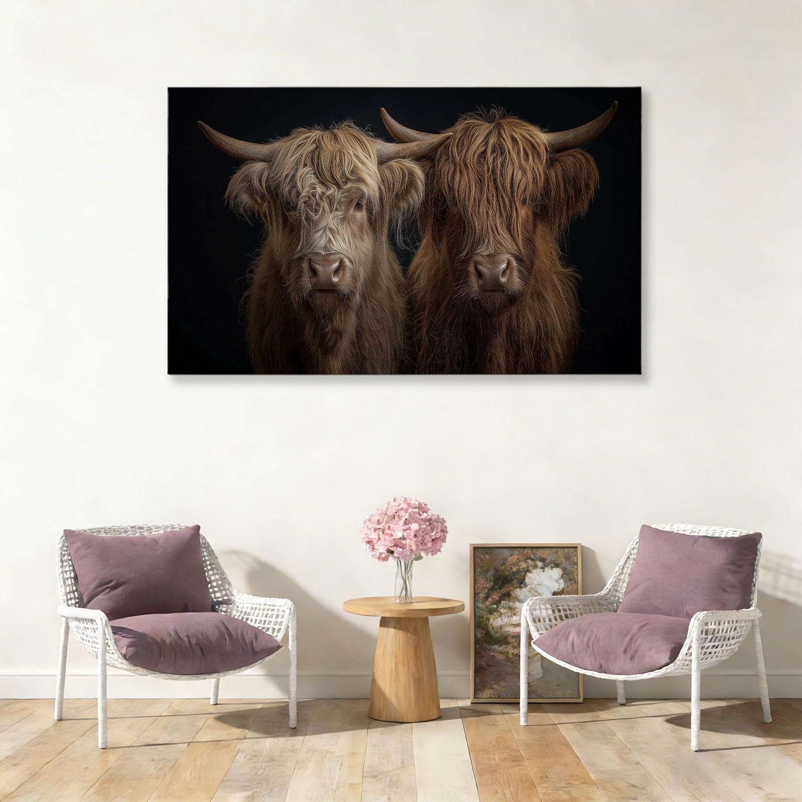 Stampa artistica su tela, stampa su tela con mucca delle Highland Animal, 99 x 50,8 cm, dipinti senza cornice, immagini rustiche da parete, poster neri o soggiorno, bagno, camera da letto, corridoio