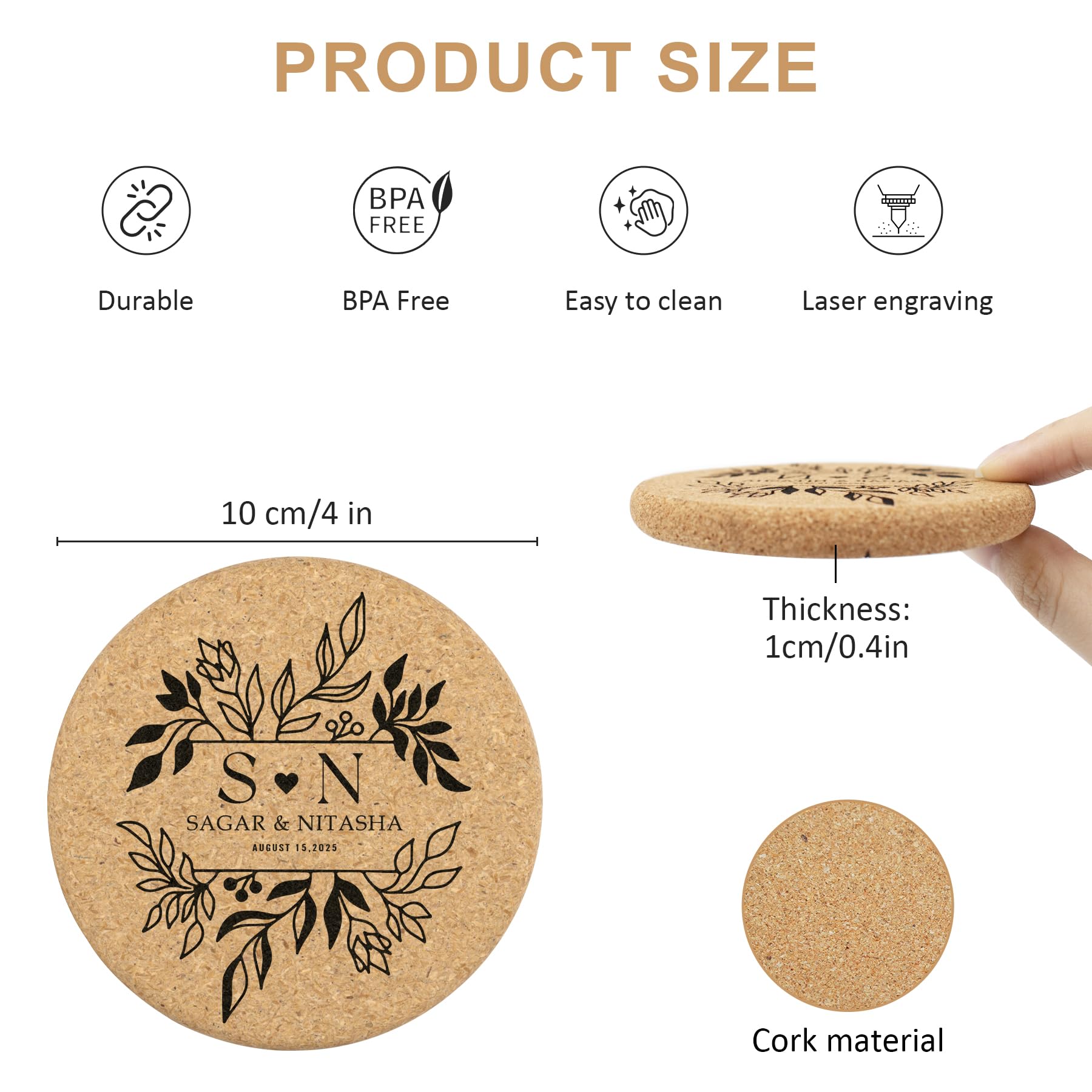 30-100 posavasos de corcho personalizados para bebidas, redondos de 4 pulgadas, recuerdos de boda para invitados, posavasos personalizados a granel con imagen de texto grabado con láser o