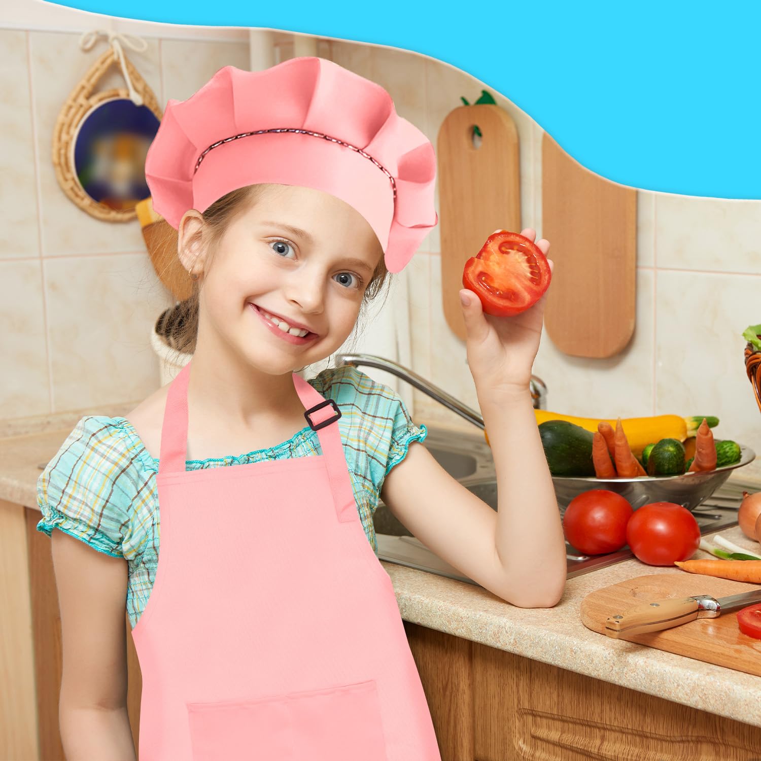TOPWAYS Chef Hat and Apron Child Set, Adjustable Children Chef Apron Outfit Costume - Image 4