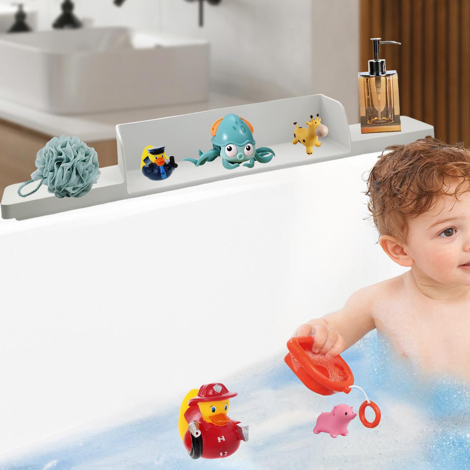 Silicone Bathtub Splash Guard, Bath Toy Holder and Play Area for Kids, Bathtub Tray with Suction Cups,Easy to Attach and Remove, Secure & Durable
