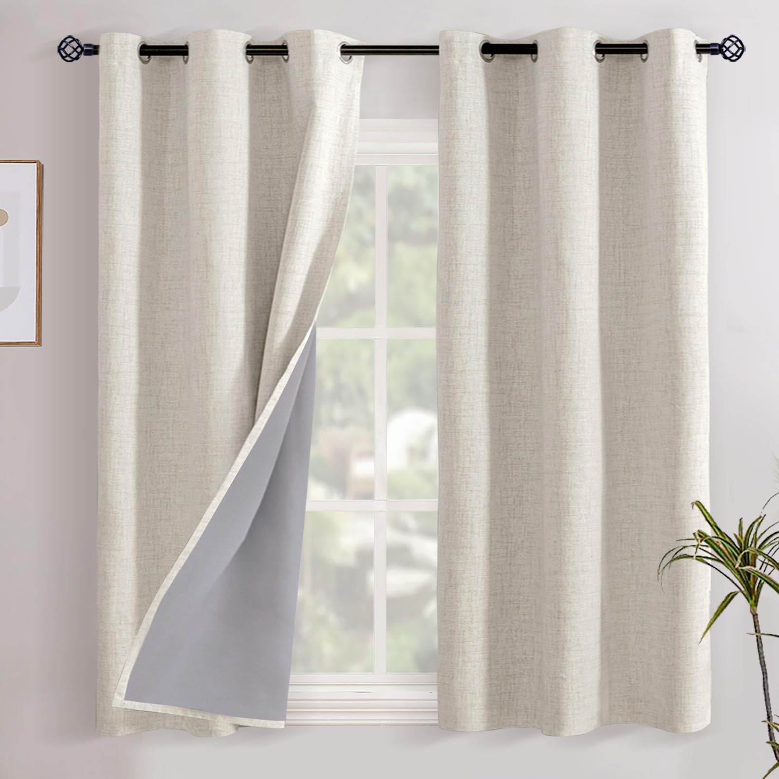 YoungsTex Linen Blackout Curtains 48 Inch Length for Bedroom, Thermal Insulated Drapes Heat Blocking for Living Room Farmhouse Cream Textured Blinds