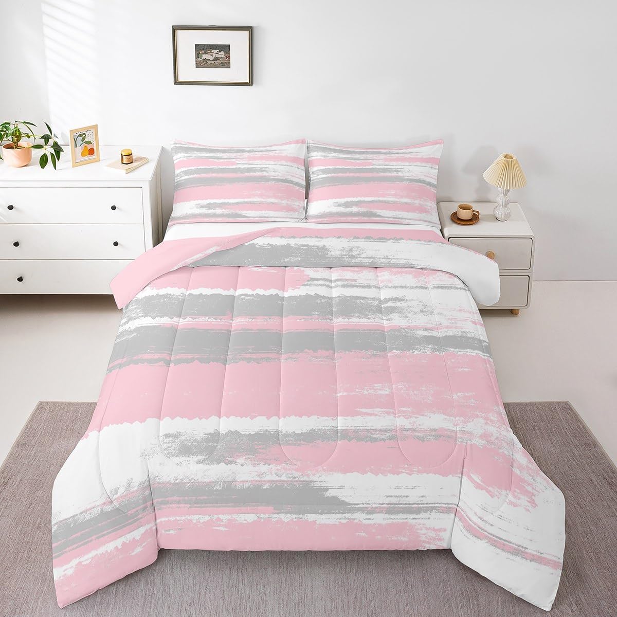 jejeloiu Pink Gray and White Bedding Set Twin Size Kids Stripe Line Comforter Set for Boys Girls Teens Abstract Geometric Duvet Quilt Breathable Soft Lightweight Microfiber Room Decor