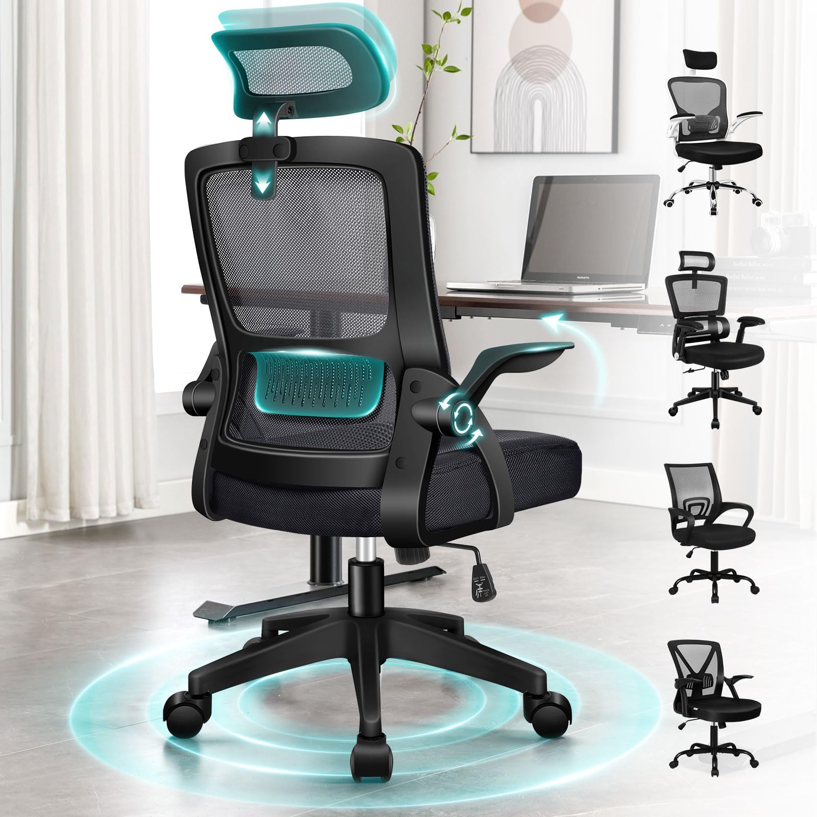 ALFORDSON Netzstuhl Bürostuhl Mesh Chefsessel Wippfunktion, ergonomisch Schreibtischstuhl höhenverstellbarer,360° Drehstuhl, PC-Stuhl Besprechungsstuhl,klappbare Armlehnen,180 kg belastbar,Schwarz