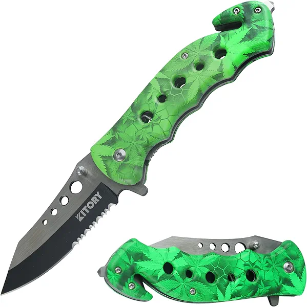 Multi-purpose Pocket knife 3.3", Folding Knife with half-serrated blade edge and Glass Breaker and Seatbelt Cutter, Green Handle, Liner-lock folder EDC, 2025 Outdoor Tool KP02GN