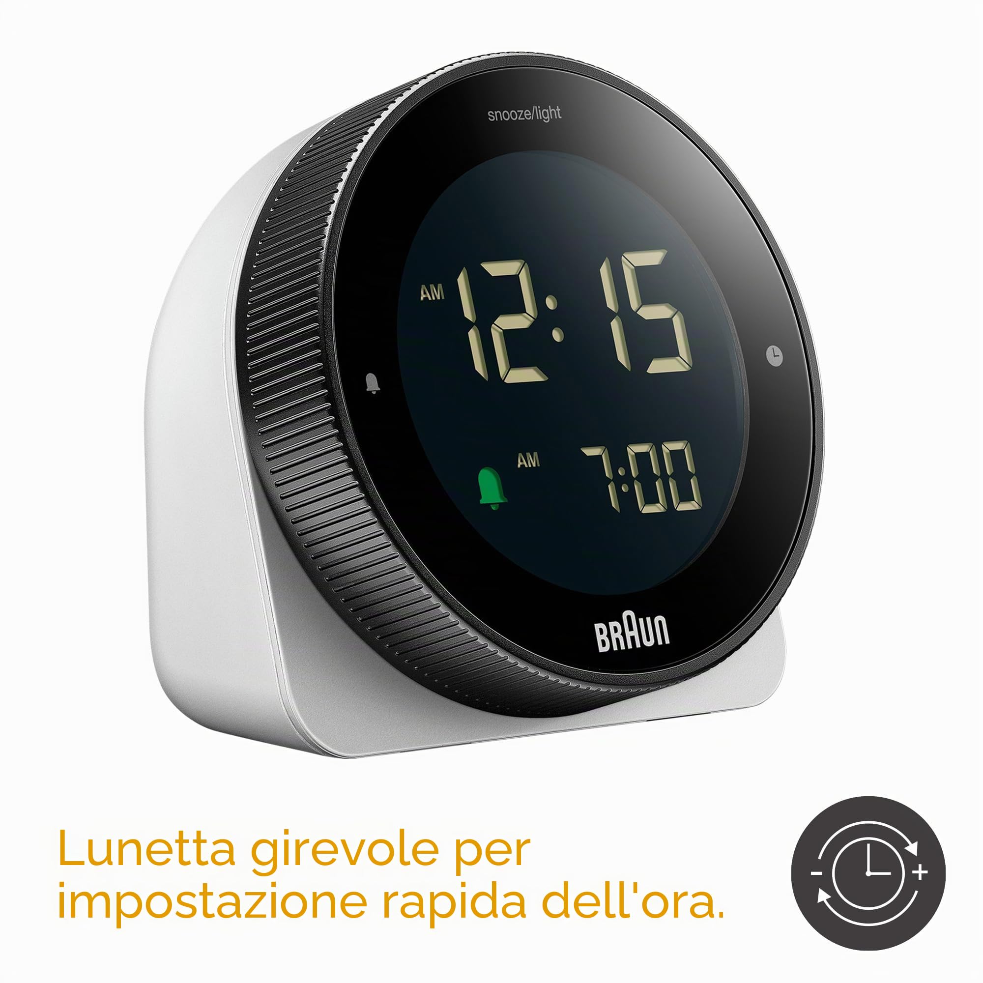 Braun Sveglia digitale funzione snooze, display LCD negativo, ghiera girevole per l'impostazione rapida dell'ora, sveglia sonora Crescendo in bianco, modello BC24W.