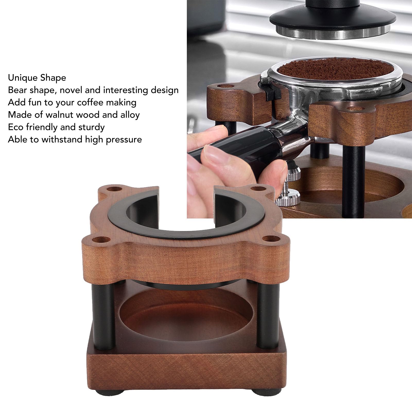 Asixxsix Support de porte-filtre à café en forme d'ours, support de doseur à expresso en noyer, Station de doseur de café , convient aux porte-filtres de 51 mm, 53 mm et 58 mm