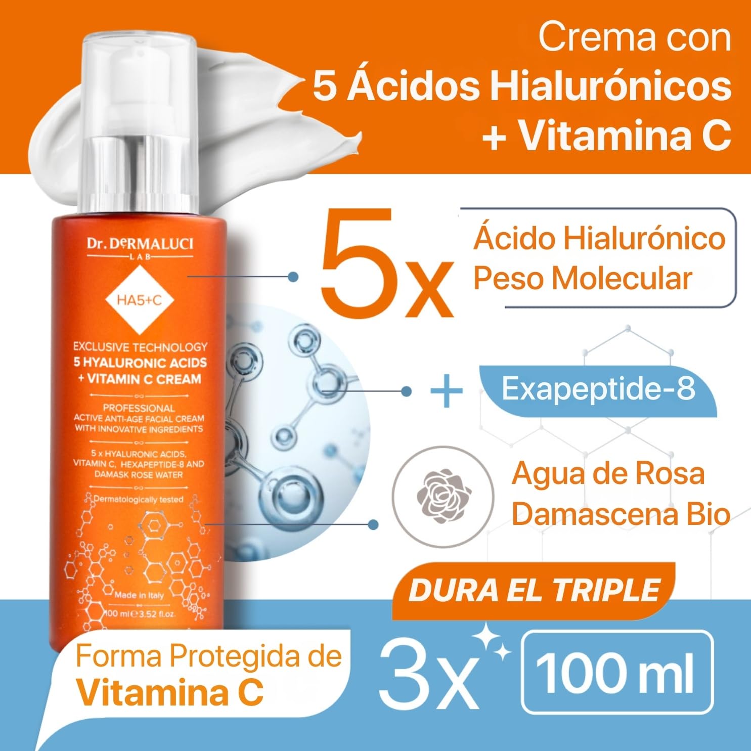 Dr. Dermaluci Lab Crema Facial Hidratante 100ml BIO - Antiarrugas, Reafirmante, Iluminador - Con 5 Acidos Hialuronicos, Vitamina C, Hexapeptido y Rosa - AIAB, Probado al Niquel, Made in Italy