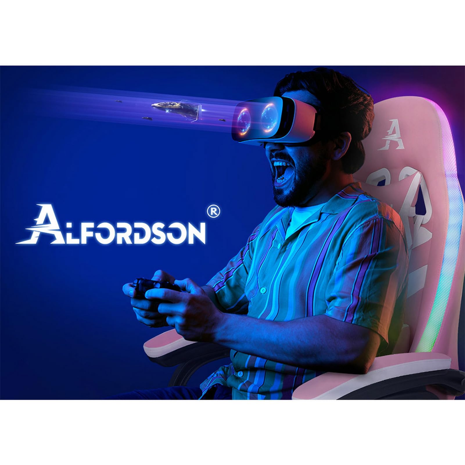 ALFORDSON Sedia da Gaming da Corsa, Sedia da Gaming per Massaggi con Illuminazione RGB a 12 LED Colorati, Poltrona Ergonomica con Supporto Lombare, Sedia a Sdraio con Poggiapiedi, Pelle PU, Rosa