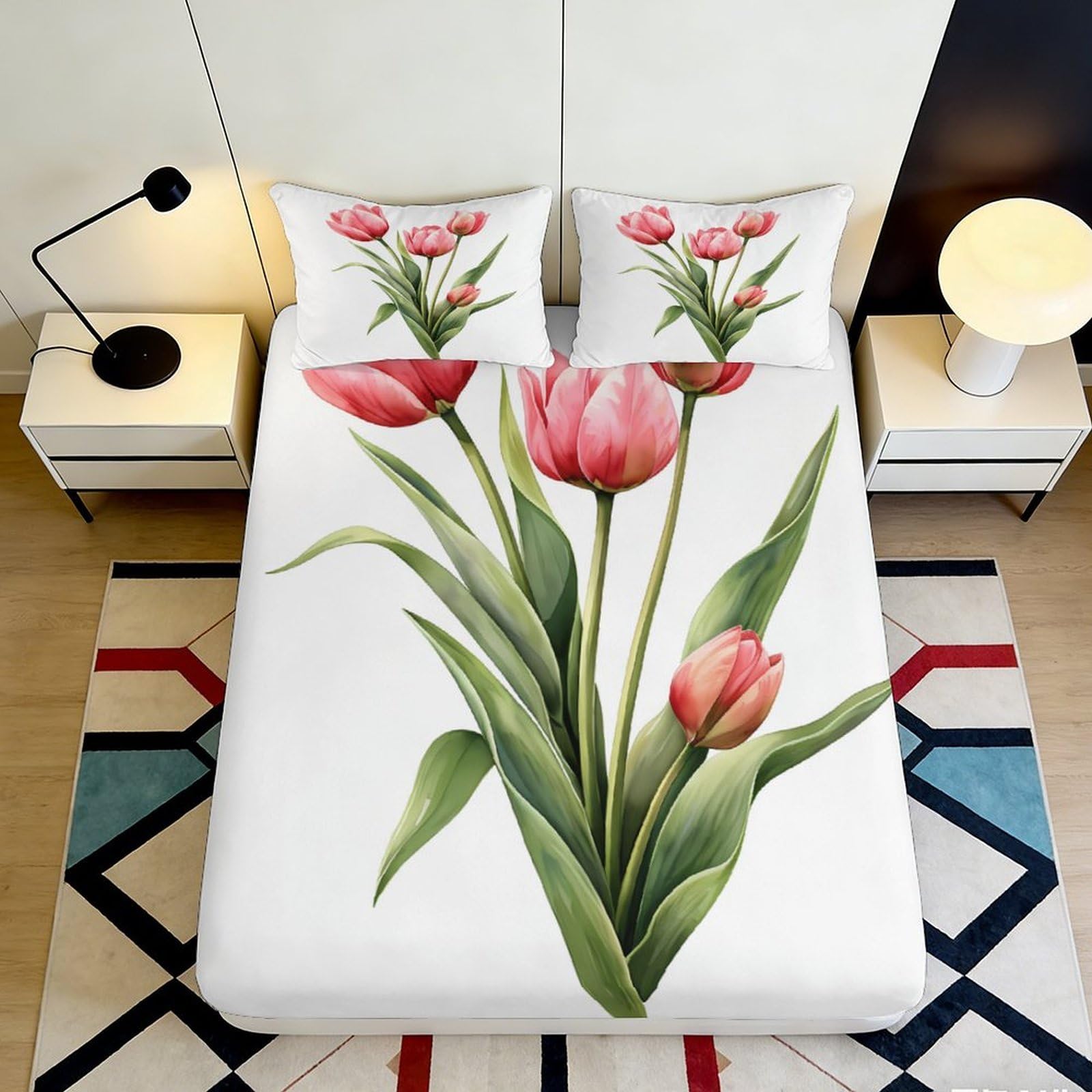 3D Printed Tulip Fitted Sheet Microfiber Deep Pocket Non-Slip for Adult Bedroom Bedding Tulip Mattress Fitted Cover Washable 90x200x25cm