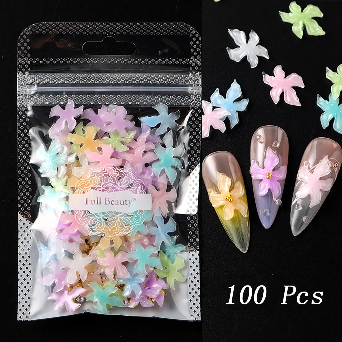 100 dijes de uñas de flores de cristal y gemas de colores mezclados con diamantes de imitación florales de primavera 3D de flores hawaianas, joyería de uñas, cuentas doradas, dijes de arte de uñas 9