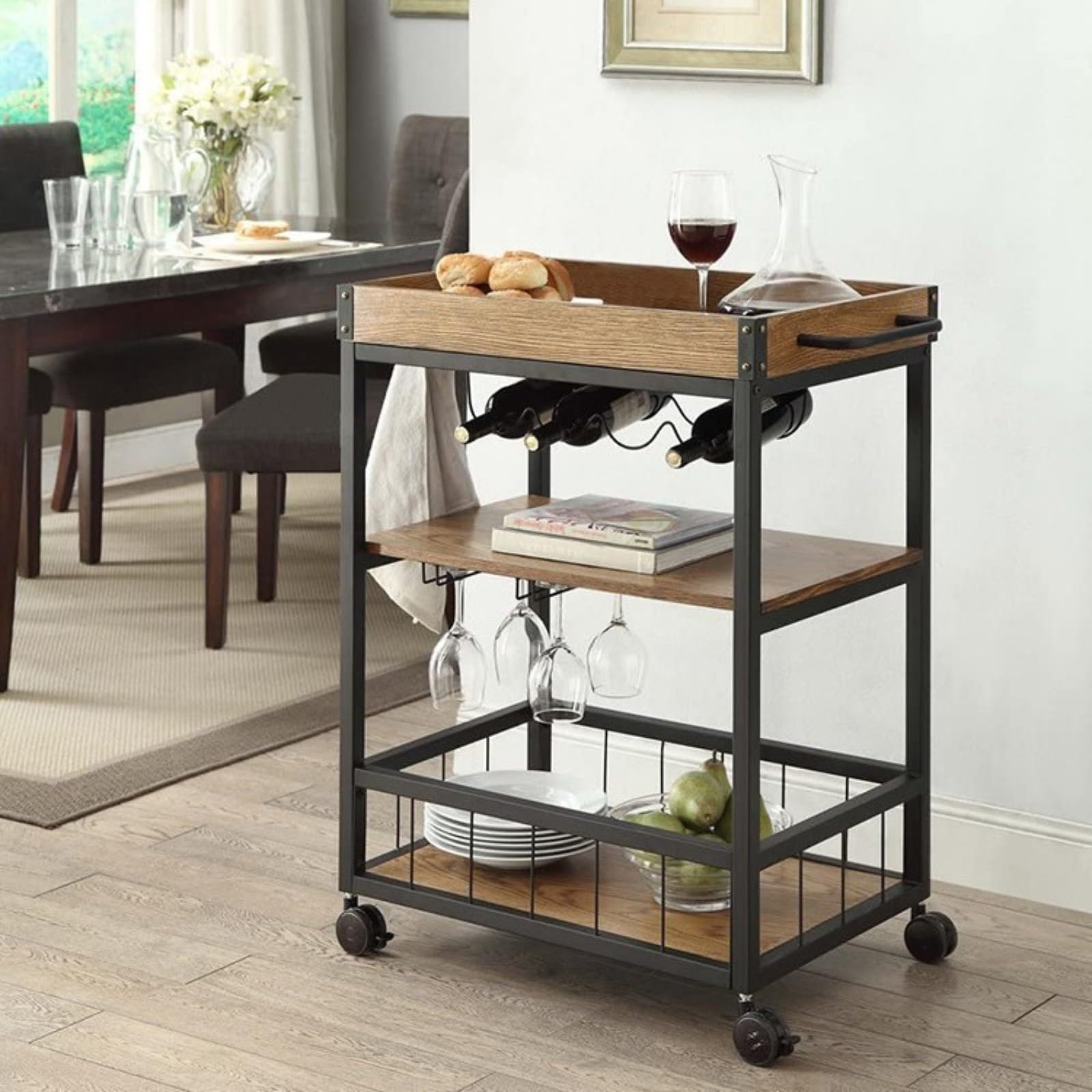 Carrito de bar con bandeja estante para vino y soporte de vidrio de salón