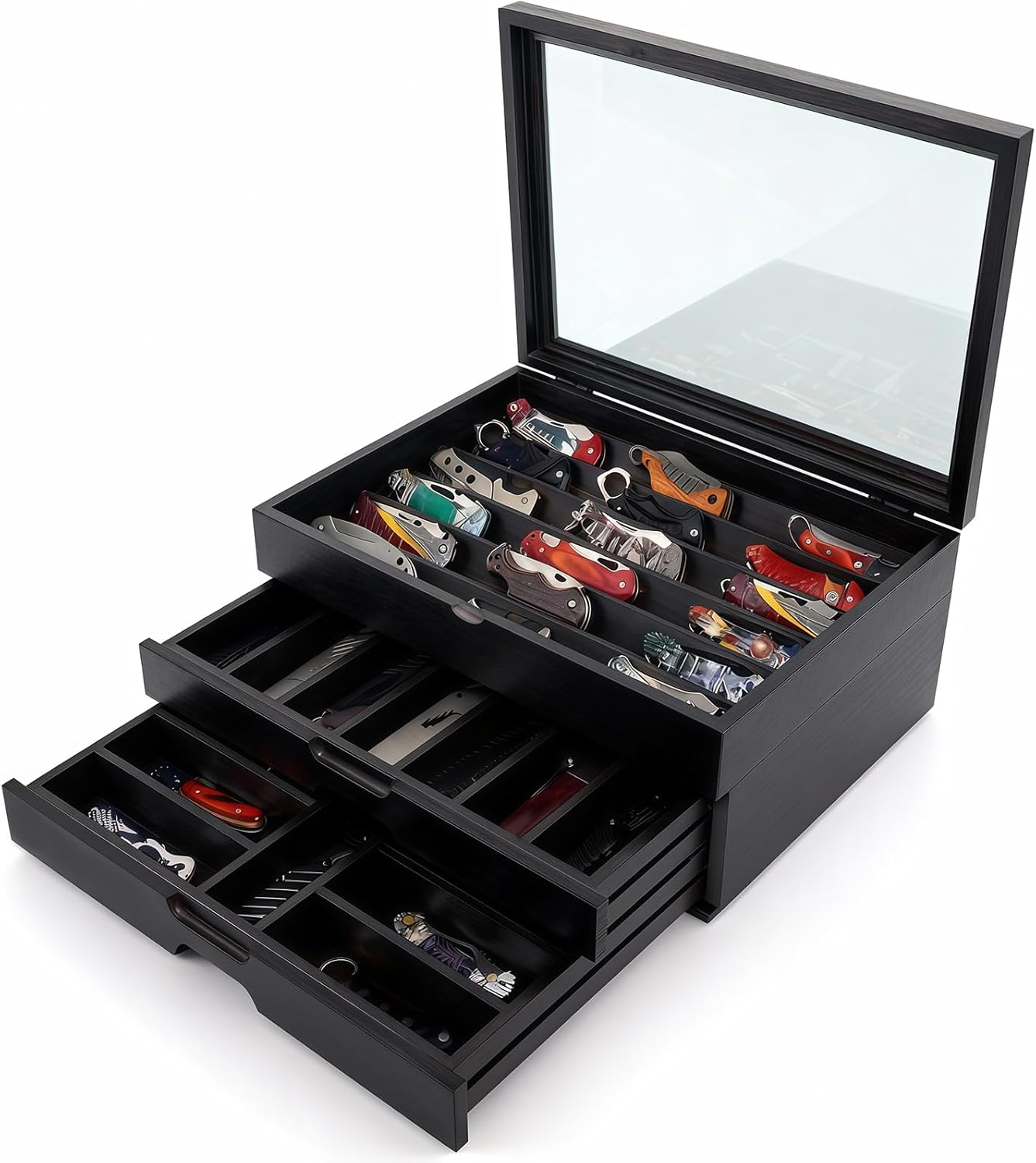 AUTOARK Knife Display Case Holds 43+ Knives,Large 3-Tier Wooden Organizer with Glass Top and Drawer,Gift for Men,Black,AHK-074