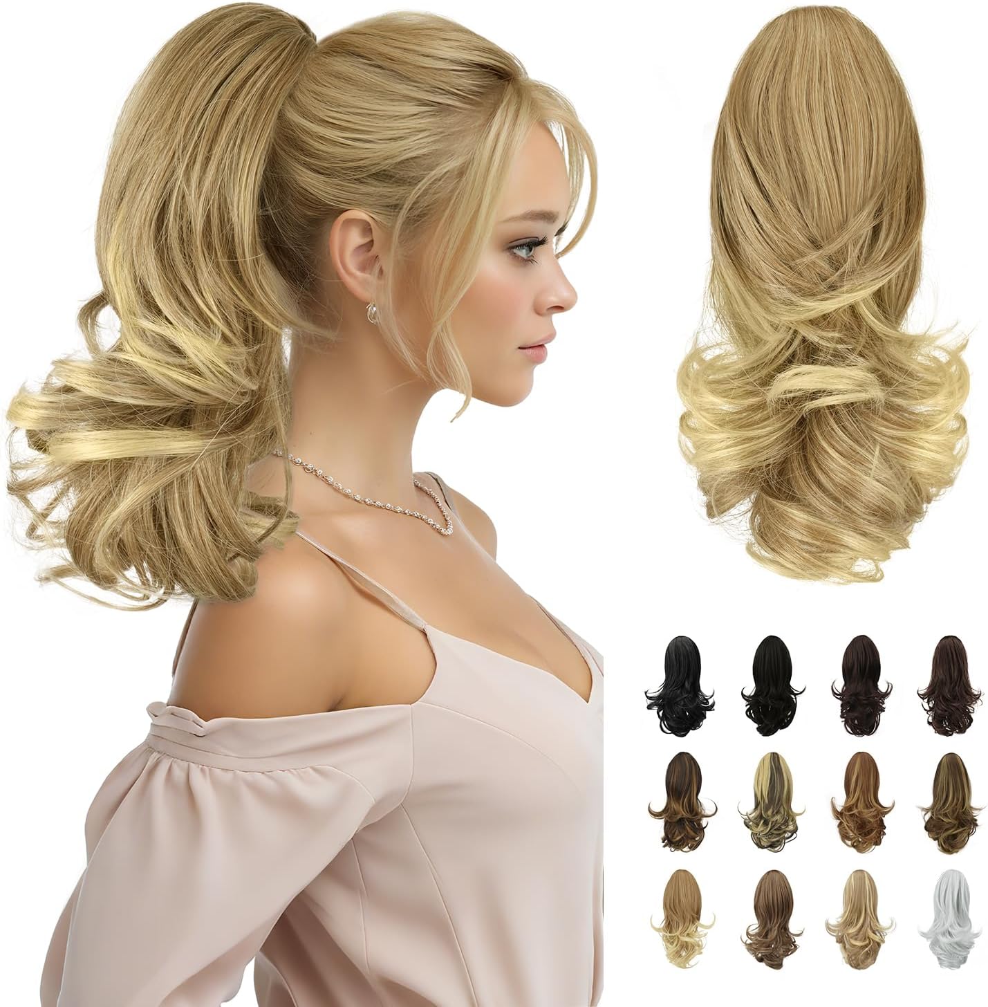 SOFEIYAN 13" Ponytail Extension Long Curly Ponytail Clip in Claw Hair Extension Natural Looking Synthetic Hairpiece for Women, Dark Blonde to Bleach Blonde