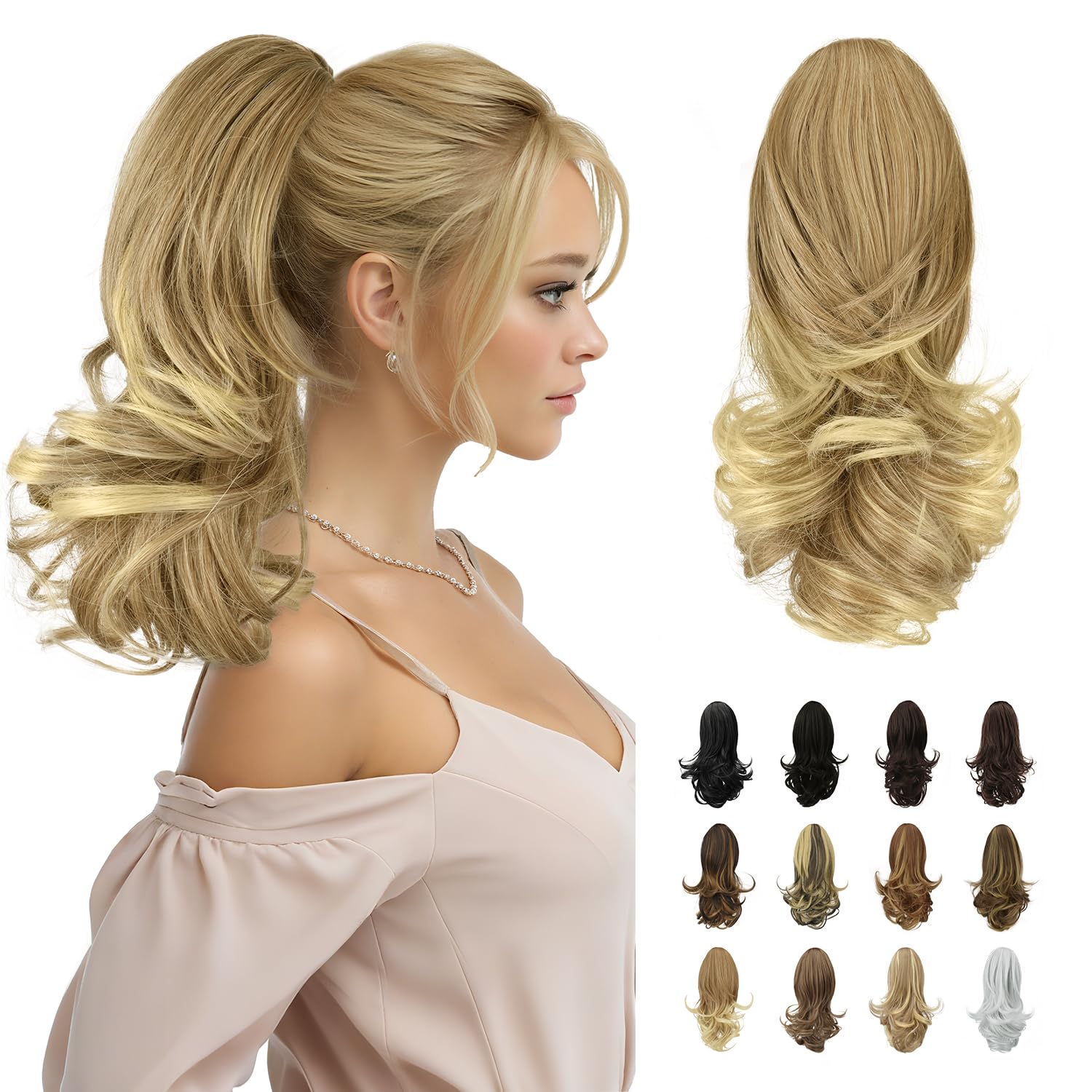 SOFEIYAN (33cm Claw Clip in, Dark Blonde to Bleach Blonde) - 33cm Ponytail Extension Long Curly Ponytail Clip in Claw Hair Extension Natural Looking Synthetic Hairpiece for Women (Dark Blonde to Bl...