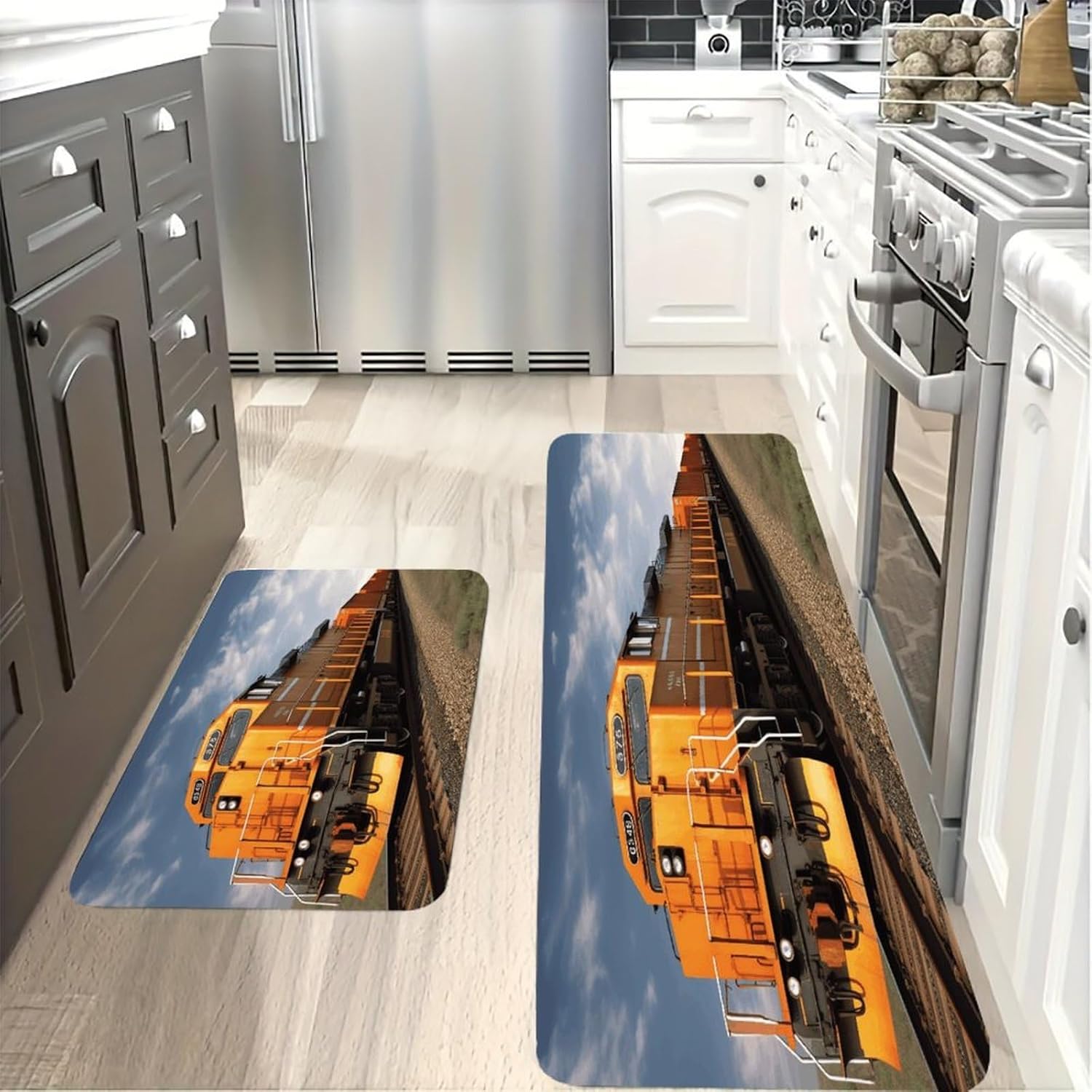 Freight Train Kitchen Mat Washable Non Slip Rugs Soft Kitchen Mats for Floor Set of 2 PCS Cushioned Absorbent Runner Standing Rugs for Home Sink Laundry Office
