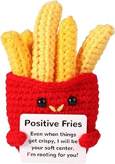 Funny Positive Fries, 3.94 Inch Creative Cute Wool Crochet Doll Knitted Toy with Positive Card Emotional Support Gift for Friends Kids Holiday Birthday Decor Encouragement