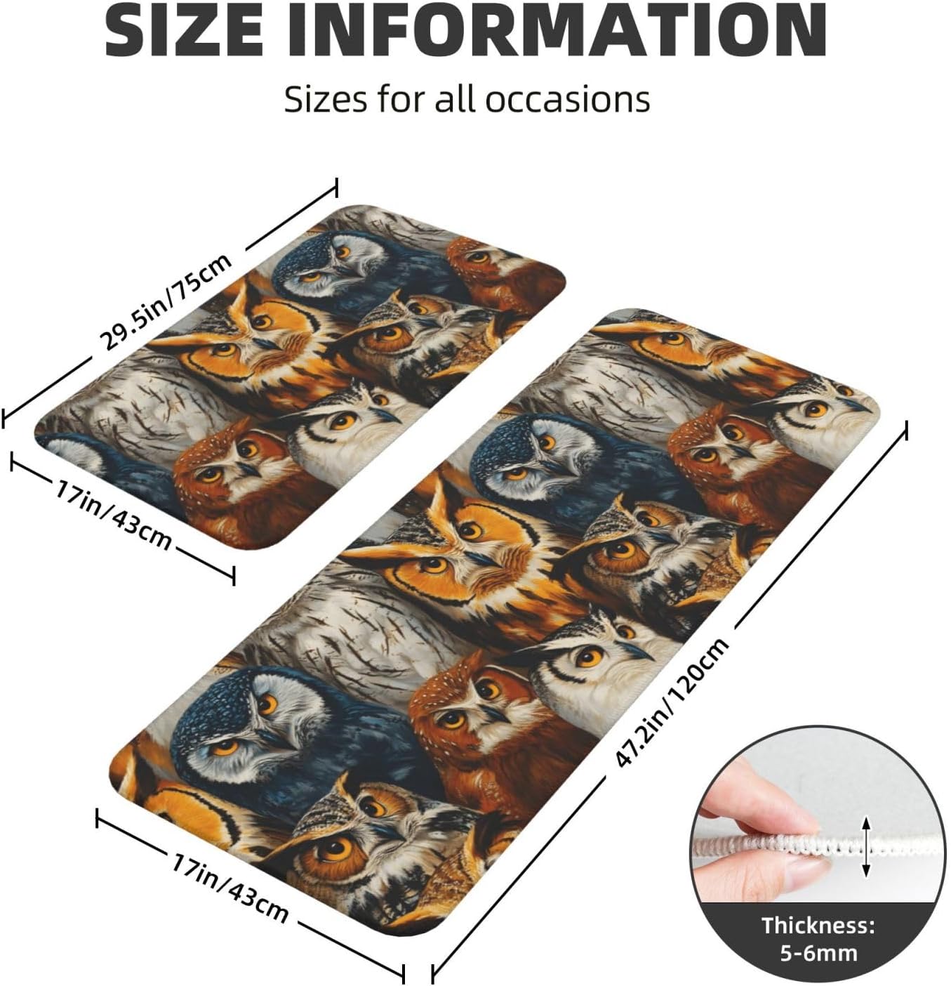 Colorful Owl Print Kitchen Rugs Sets of 2 Non Slip Washable, Anti Fatigue Kitchen Mats for Floor, Home Decor