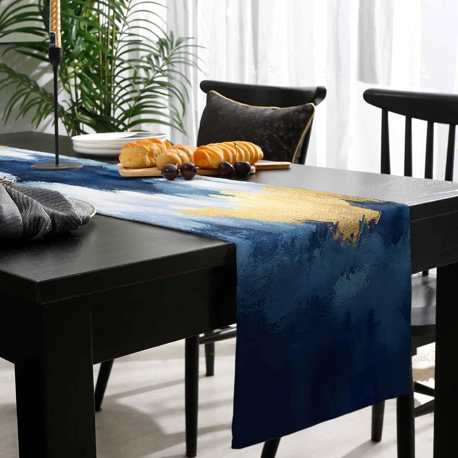 Navy Blue Gold Table Runner 90 Inches Long - Modern Abstract Wave Art Seaside Scenery Kitchen Dining Burlap Linen Tablerunner for Small/Round/Square/Wedding/Coffee/Dining Table Party Home Décor