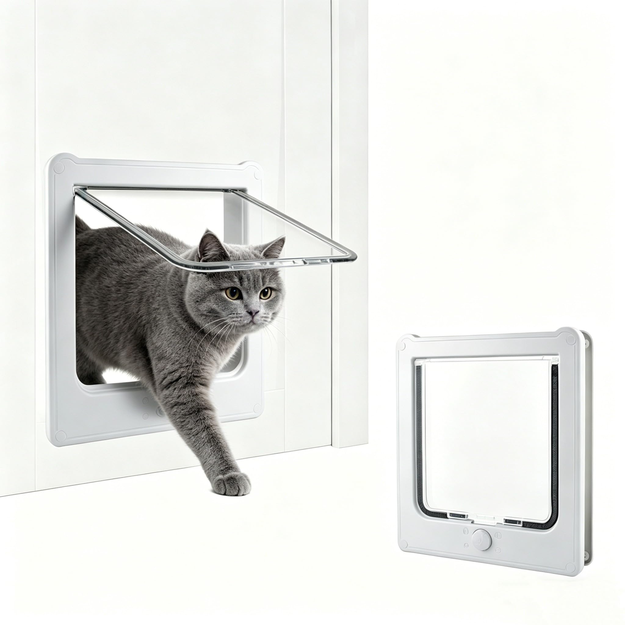 Enjoying Tür-Katzenklappe, 4-Wege-Schloss, Wetterfeste Katzentür für Holztür dünne Tür und Wand, Hündchen Katzenklappe Innentür, Automatisch Schließen, Weiß