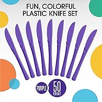 Vista 3 de Exquisite Cuchillos de plástico morados, 50 piezas, cuchillos morados, utensilios desechables, juego de cubiertos de plástico resistente