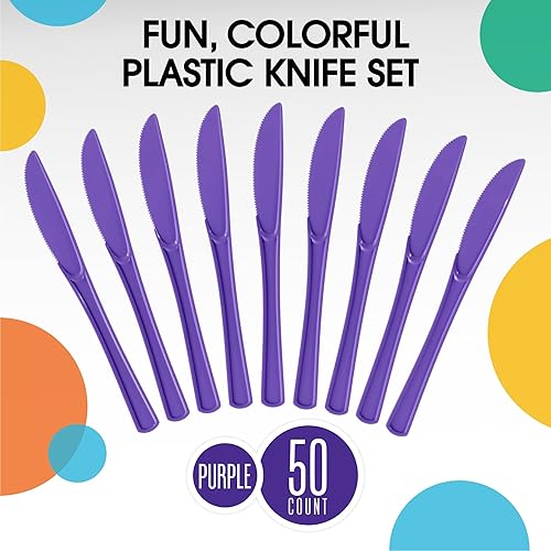 Miniatura 3 de Exquisite Cuchillos de plástico morados, 50 piezas, cuchillos morados, utensilios desechables, juego de cubiertos de plástico resistente, juegos de
