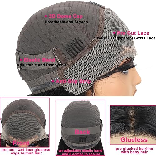 Miniatura 4 de Wear and Go - Pelucas sin pegamento de 26 pulgadas, pelucas de cabello humano ondulado con encaje frontal, nudos blanqueados precortados 13x4,