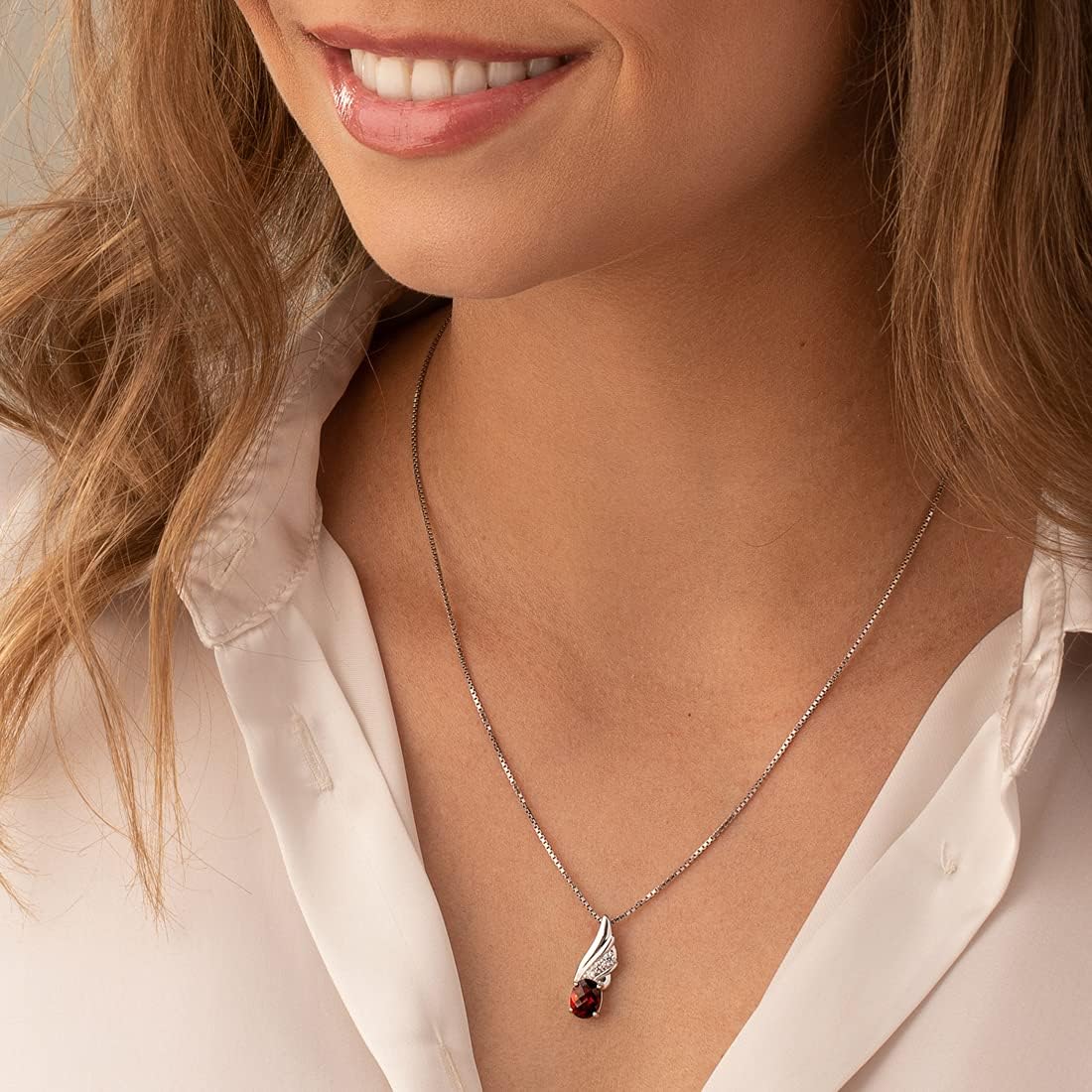 PEORA Garnet Angel Wing Pendant Necklace for Women 925 Sterling Silver, Natural Gemstone, 1.50 Carats Oval Shape 8x6mm, with 18 inch Chain, Women Gift Ideas w/Jewelry Box Valentines Gift for Women