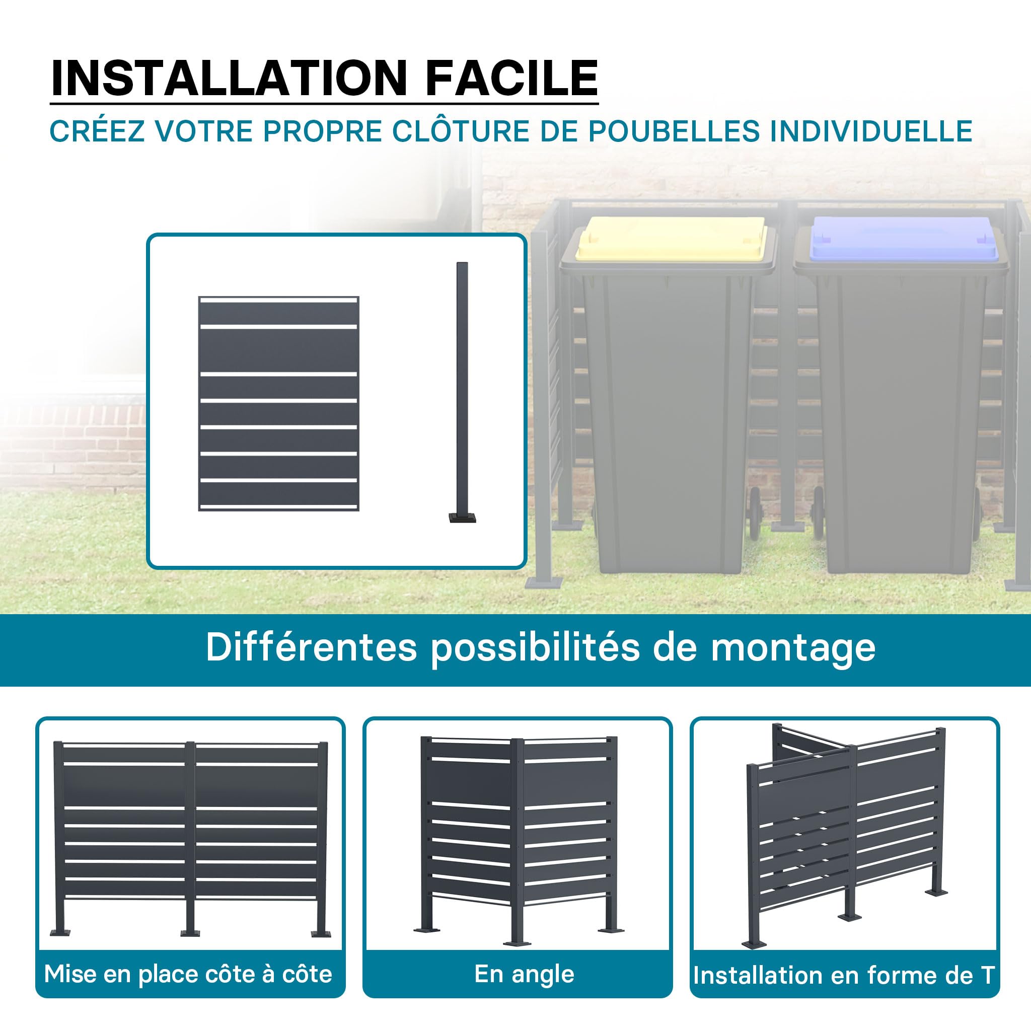 Wiltec Module d'extension de clôture pour poubelles en acier anthracite pour cache-poubelles