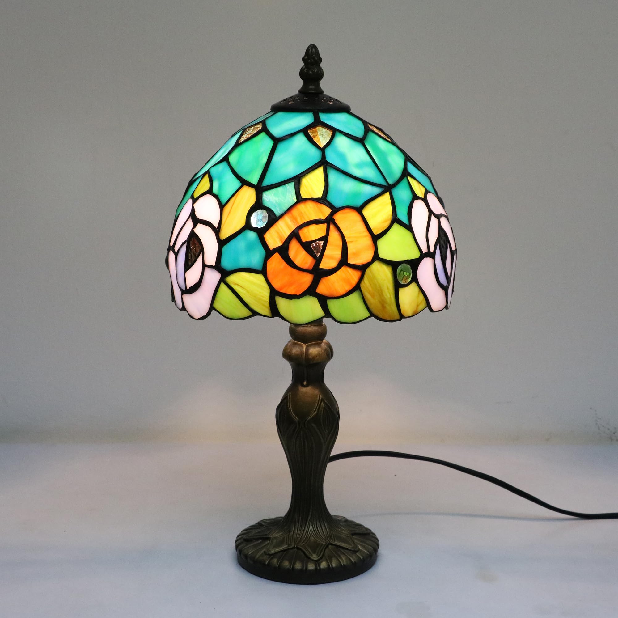 Lampada in Stile Tiffany Fiori di Rosa, Lampada da tavolo, per Soggiorno Camera da letto Tavolino da caffè, Lampadina E14 [Senza lampadine]