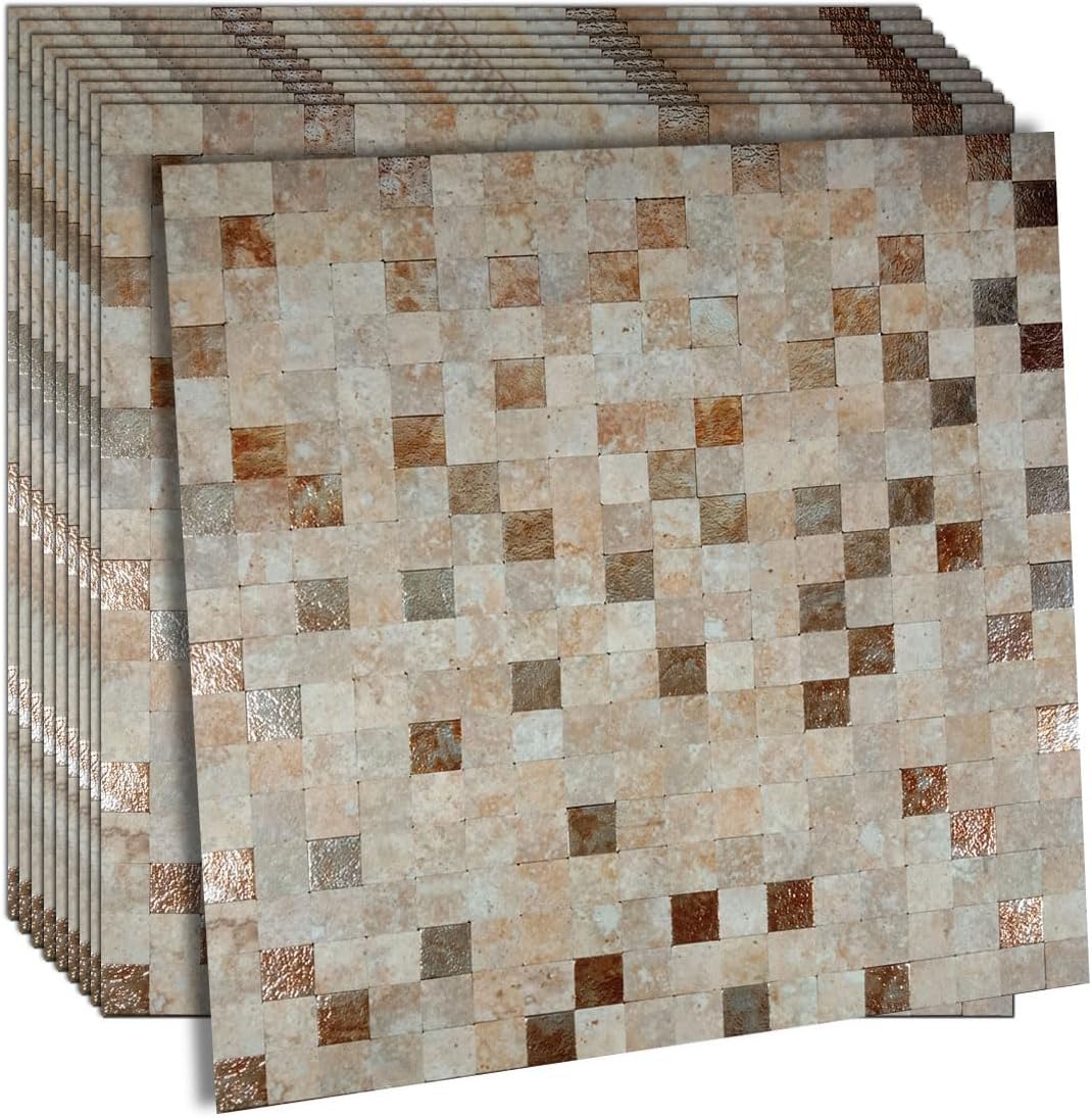 YMMXGE Peel and Stick Metal Backsplash Tile Stick on Kitchen 3D Wall Decor Aluminum Mosaic Tiles for Bathroom, 11.81"x11.81"x0.15" (10, Yellow Stone + Printed Yellow)