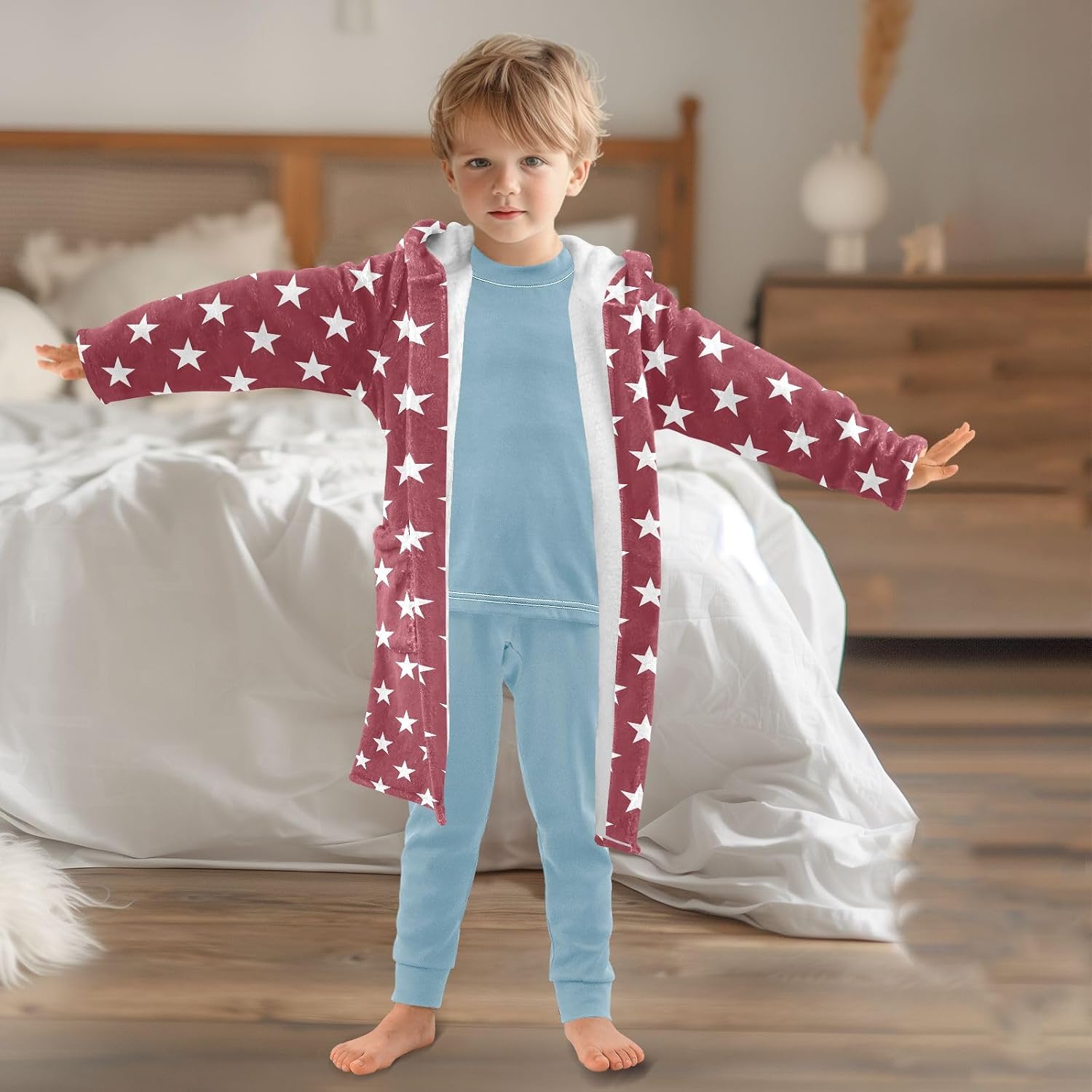 Red Stars Prints Toddler Hooded Bathrobe for Boys Girls Soft Plush Bath Towel Robe 2-12 Years