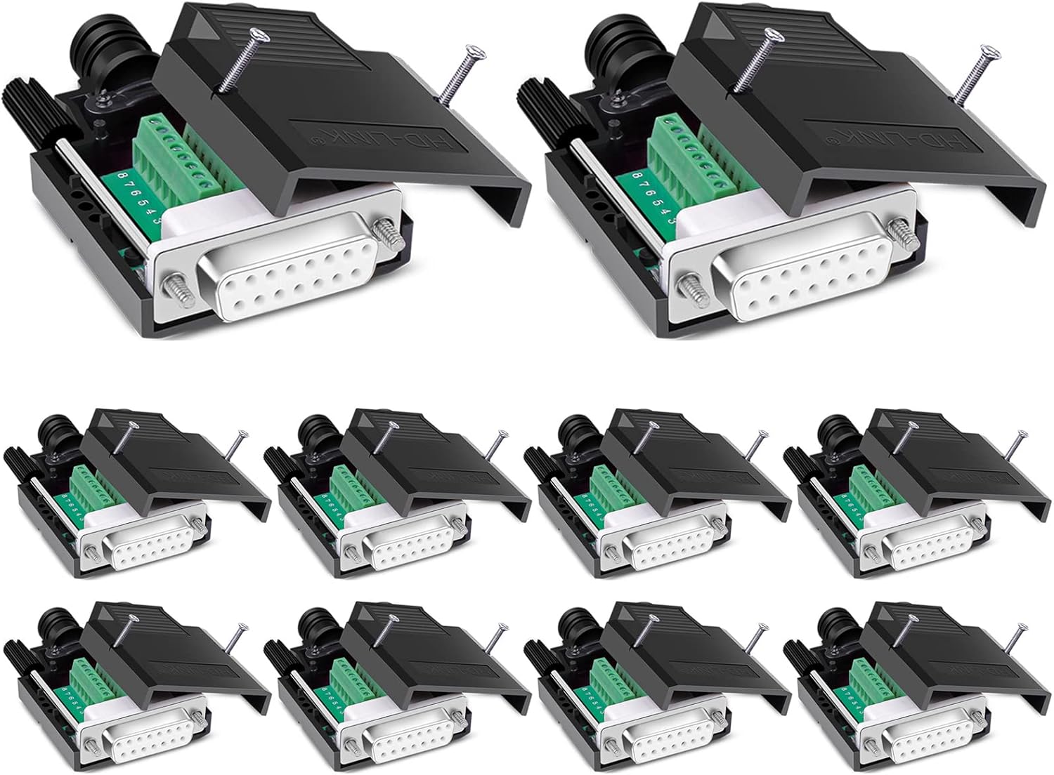 10PCS DB15 Solderless Connector, RS232 D-SUB Serial to 15-pin Port 16mm Thinner Terminal Female Adapter Breakout Board with Case Long Bolts Nuts