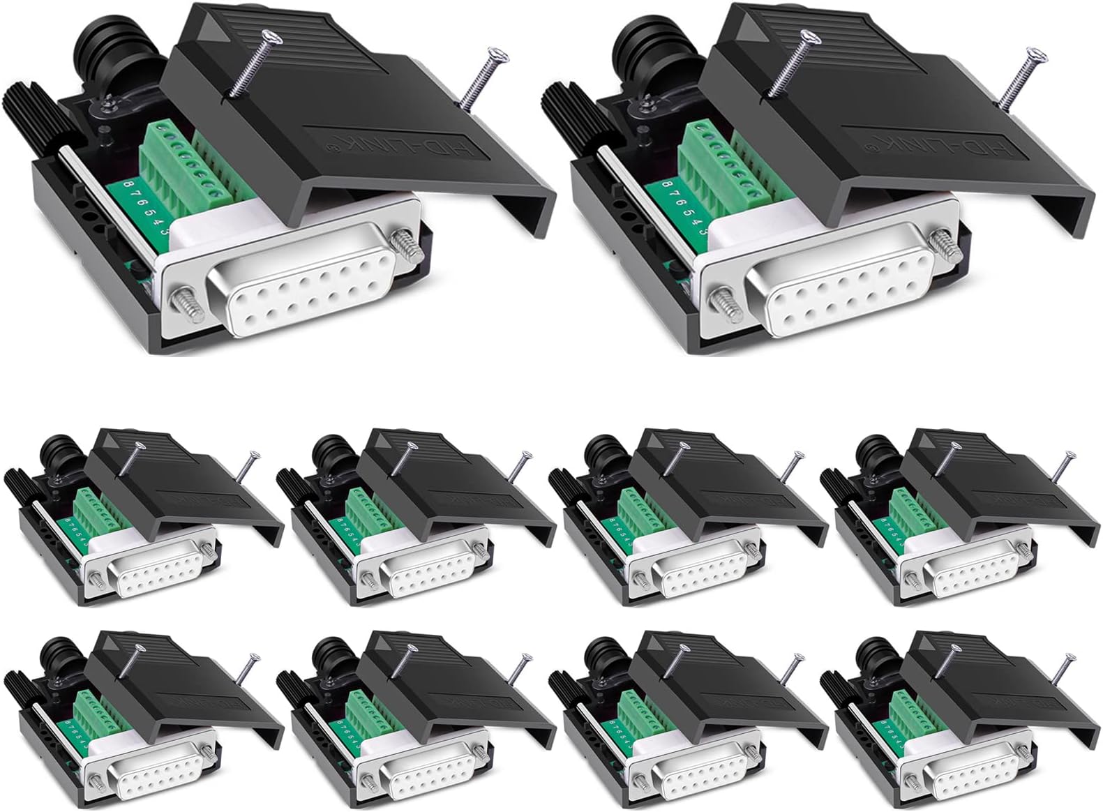 10PCS DB15 Solderless Connector, RS232 D-SUB Serial to 15-pin Port 16mm Thinner Terminal Female Adapter Breakout Board with Case Long Bolts Nuts